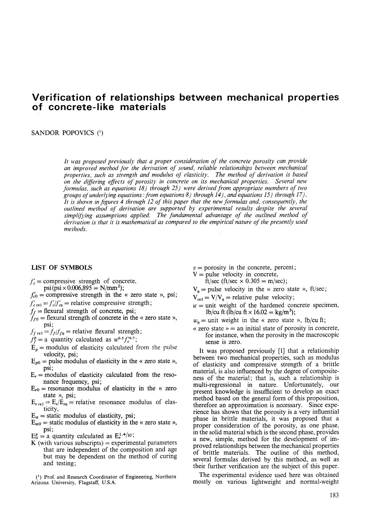 Verification of relationships between mechanical properties of concrete-like materials by Unknown
