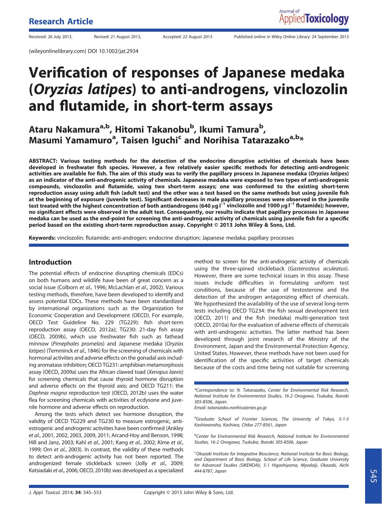 Verification of responses of Japanese medaka (Oryzias latipes) to antiandrogens, vinclozolin and flutamide, in shortterm assays by Unknown