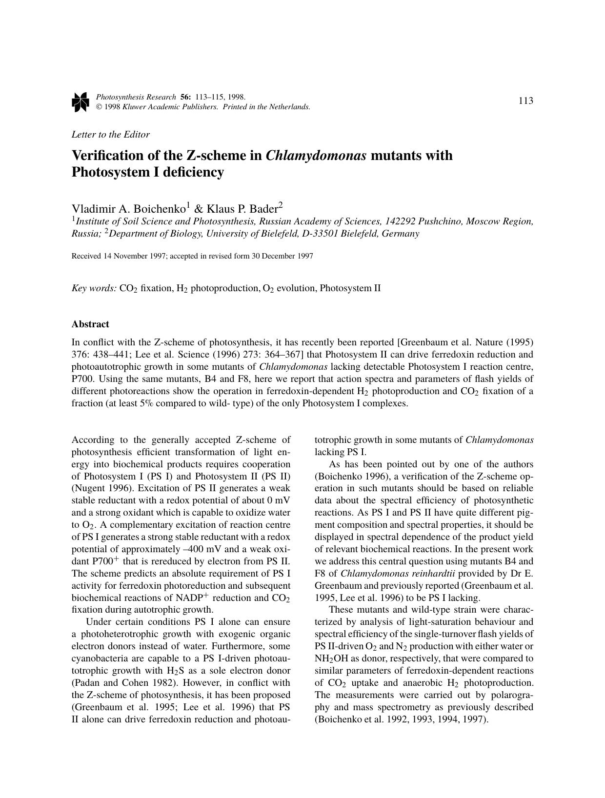 Verification of the Z-scheme in Chlamydomonas mutants with Photosystem I deficiency by Unknown