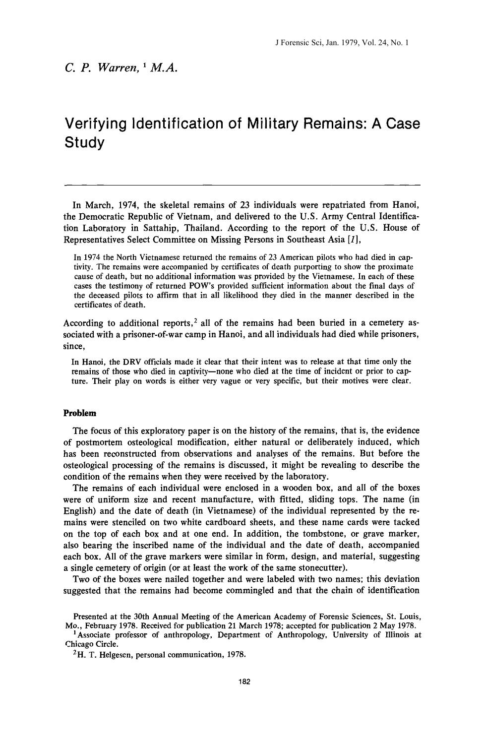 Verifying Identification of Military Remains: A Case Study by Warren CP