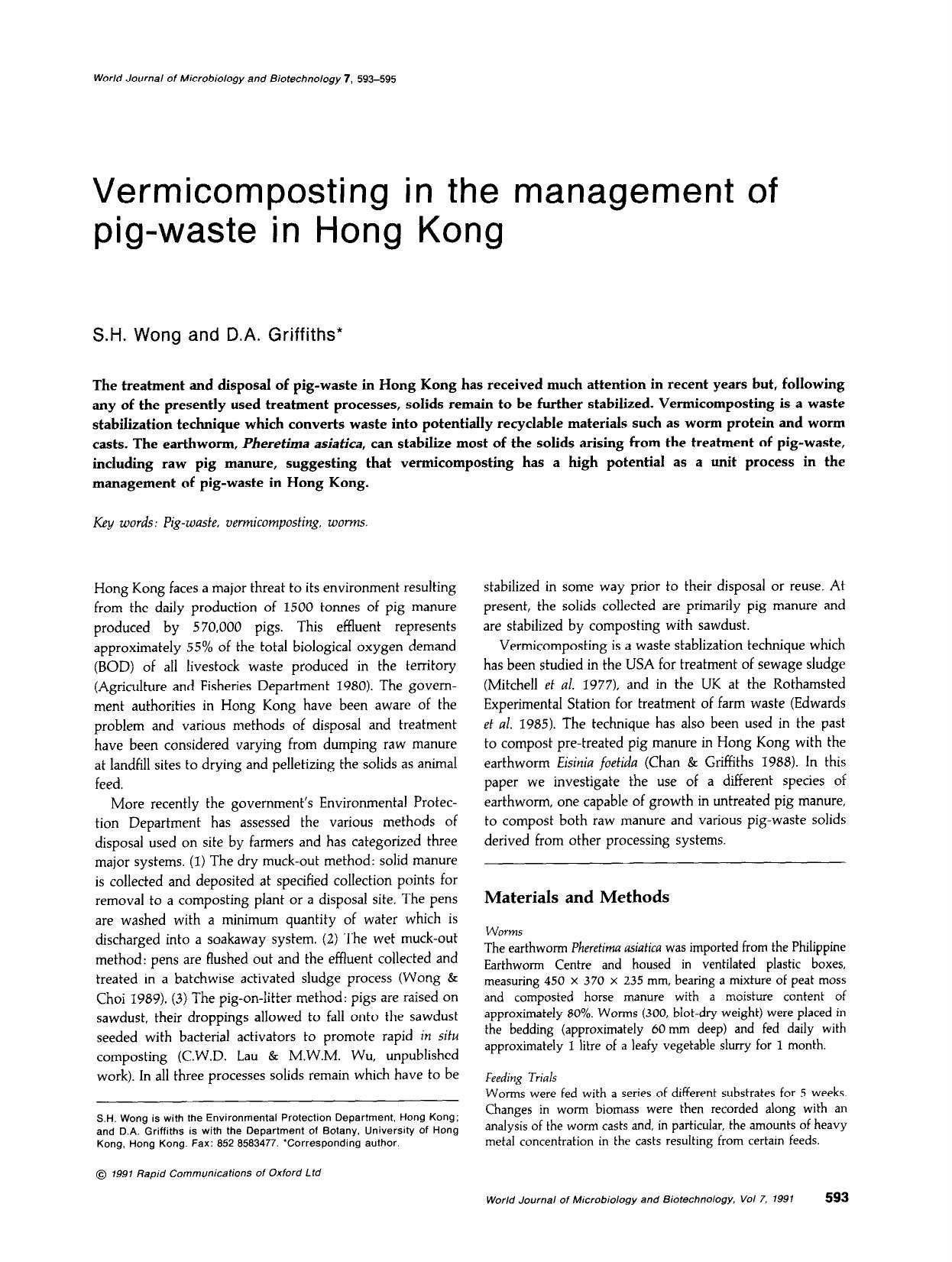 Vermicomposting in the management of pig-waste in Hong Kong by Unknown