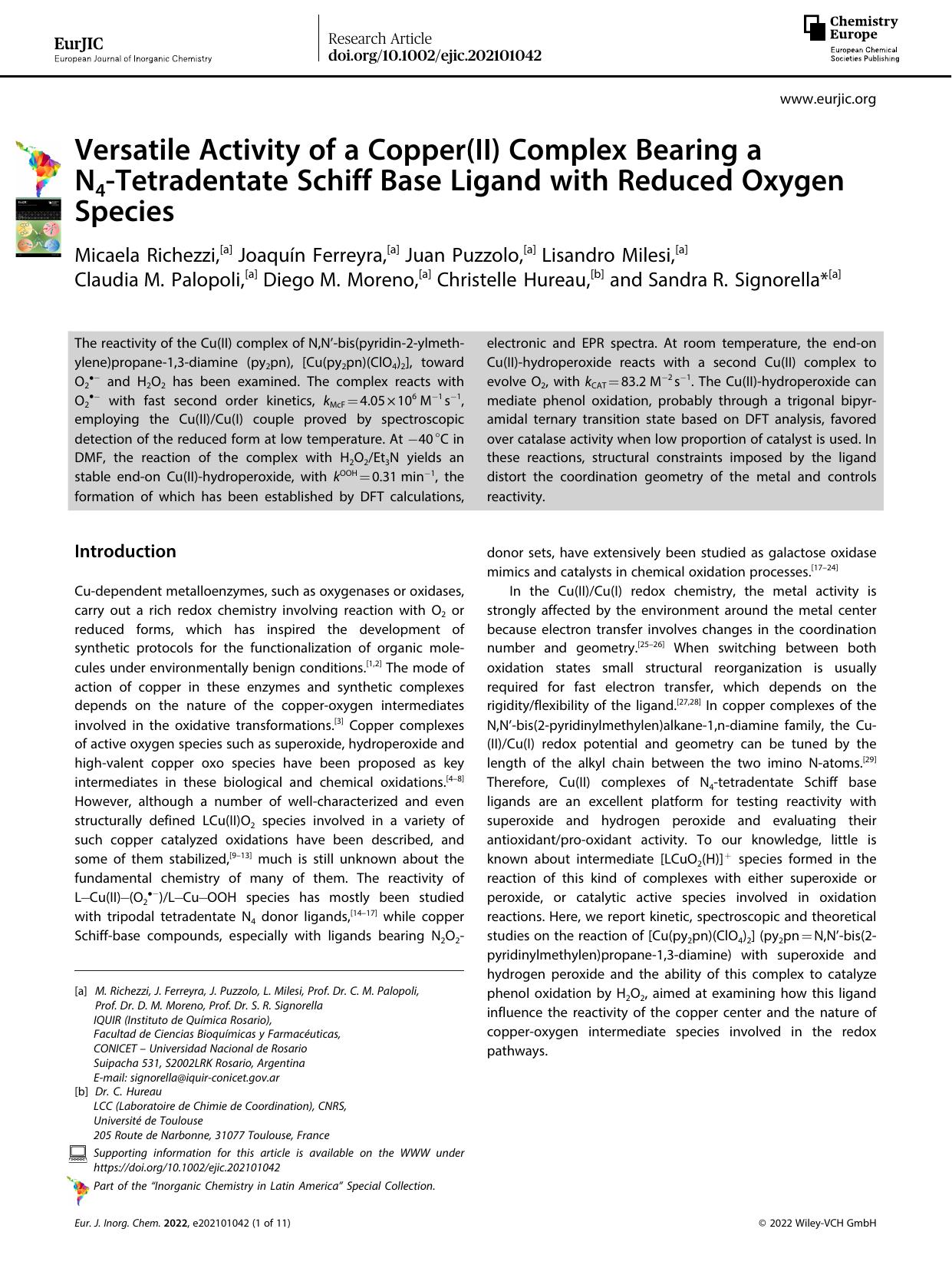 Versatile Activity of a Copper(II) Complex Bearing a N4âTetradentate Schiff Base Ligand with Reduced Oxygen Species by Unknown