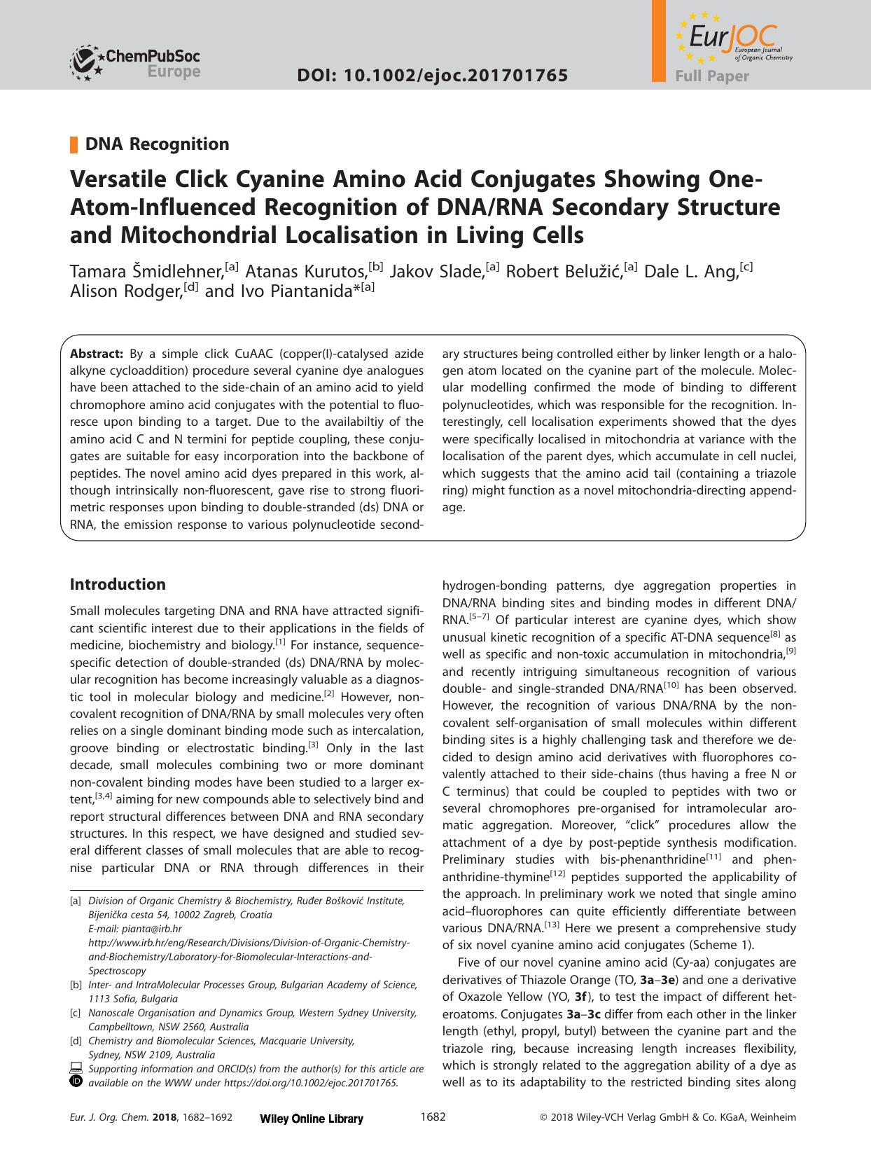 Versatile Click Cyanine Amino Acid Conjugates Showing One&#x02010;Atom&#x02010;Influenced Recognition of DNARNA Secondary Structure and Mitochondrial Localisation in Living Cells by Unknown