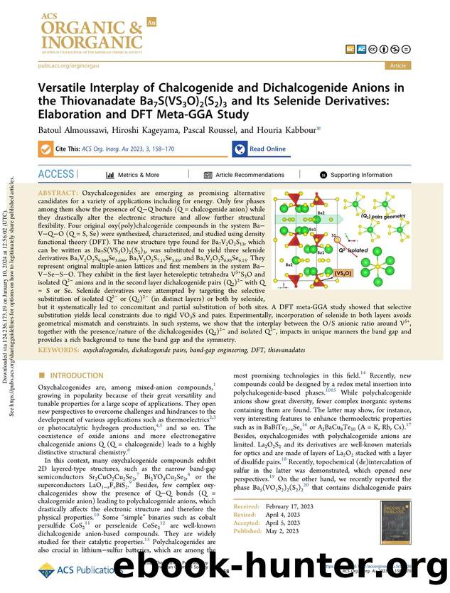 Versatile Interplay of Chalcogenide and Dichalcogenide Anions in the Thiovanadate Ba7S(VS3O)2(S2)3 and Its Selenide Derivatives: Elaboration and DFT Meta-GGA Study by Batoul Almoussawi Hiroshi Kageyama Pascal Roussel & Houria Kabbour