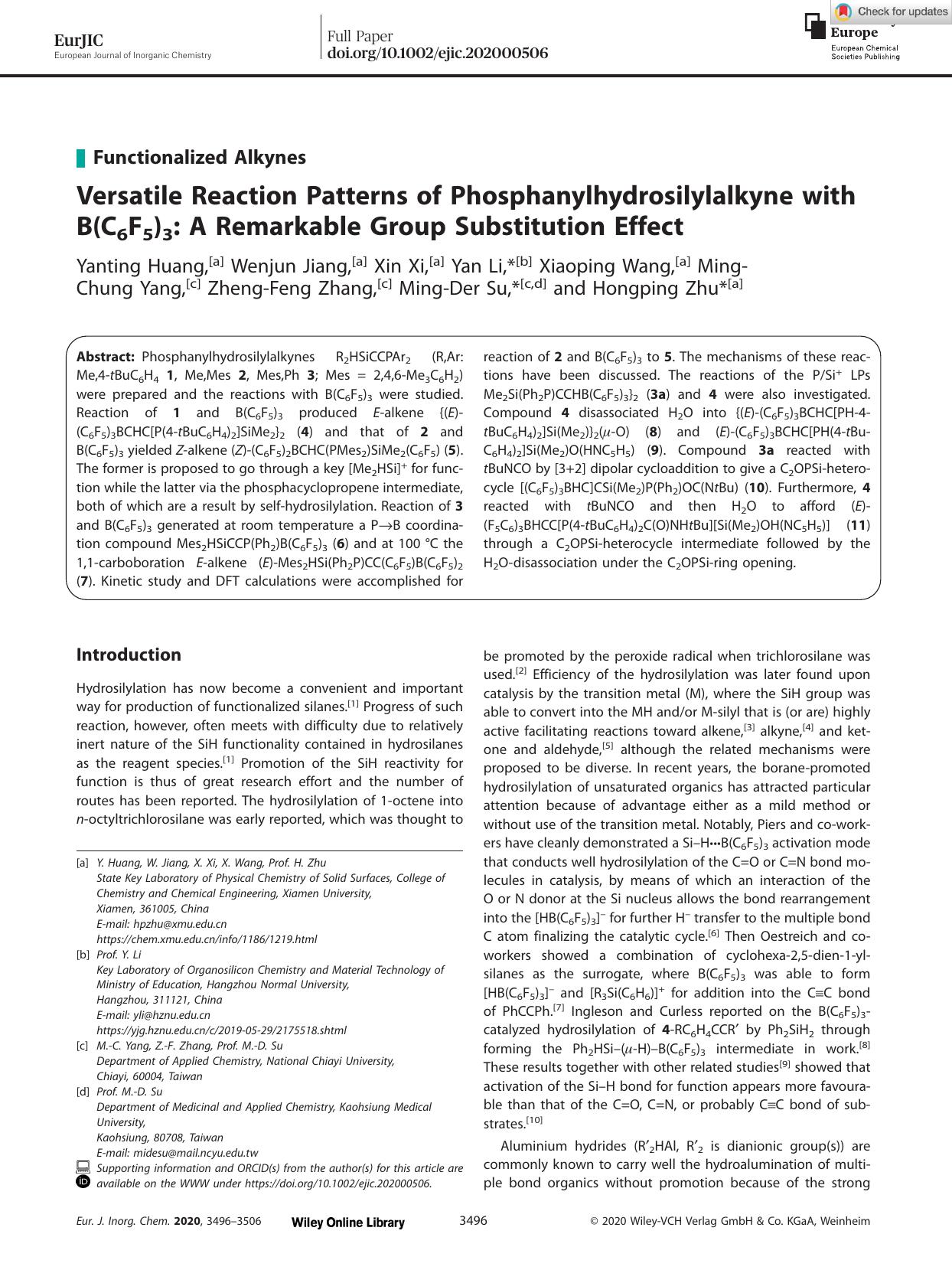 Versatile Reaction Patterns of Phosphanylhydrosilylalkyne with B(C6F5)3: A Remarkable Group Substitution Effect by Unknown