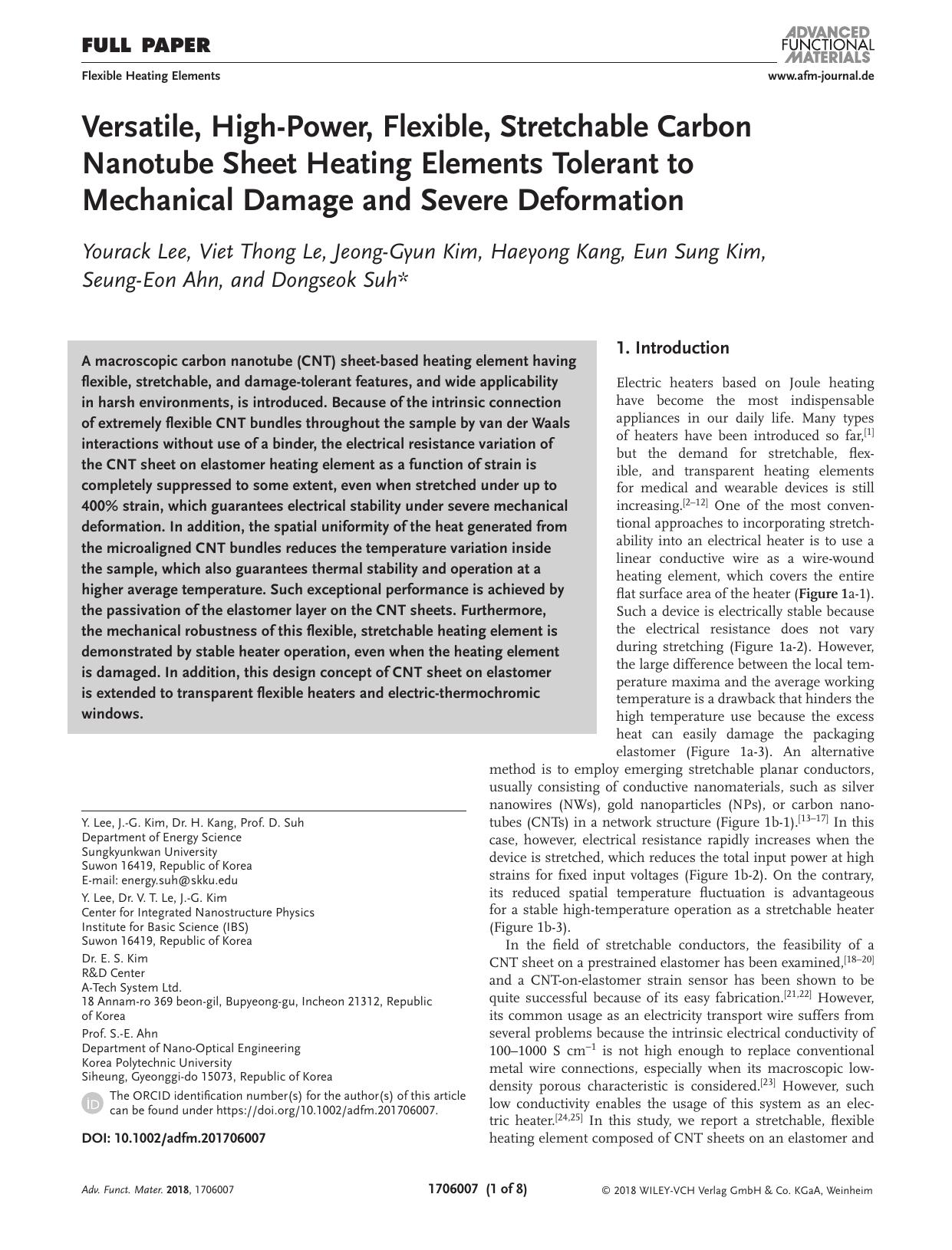 Versatile, High‐Power, Flexible, Stretchable Carbon Nanotube Sheet Heating Elements Tolerant to Mechanical Damage and Severe Deformation by Unknown