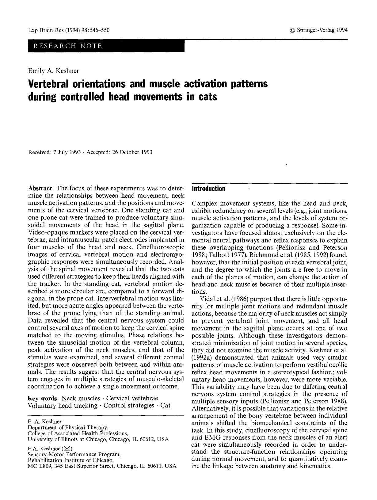 Vertebral orientations and muscle activation patterns during controlled head movements in cats by Unknown