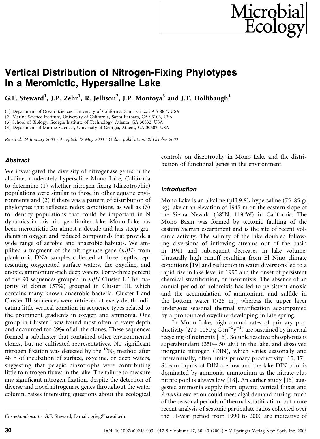 Vertical Distribution of Nitrogen-Fixing Phylotypes in a Meromictic, Hypersaline Lake by Steward G.F. et al