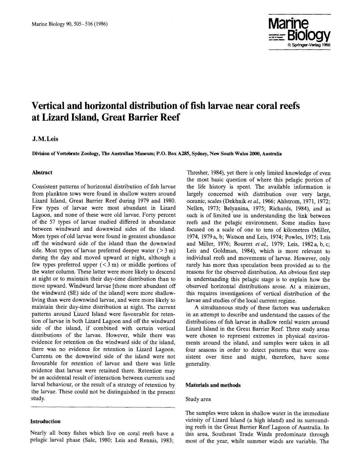 Vertical and horizontal distribution of fish larvae near coral reefs at Lizard Island, Great Barrier Reef by Unknown