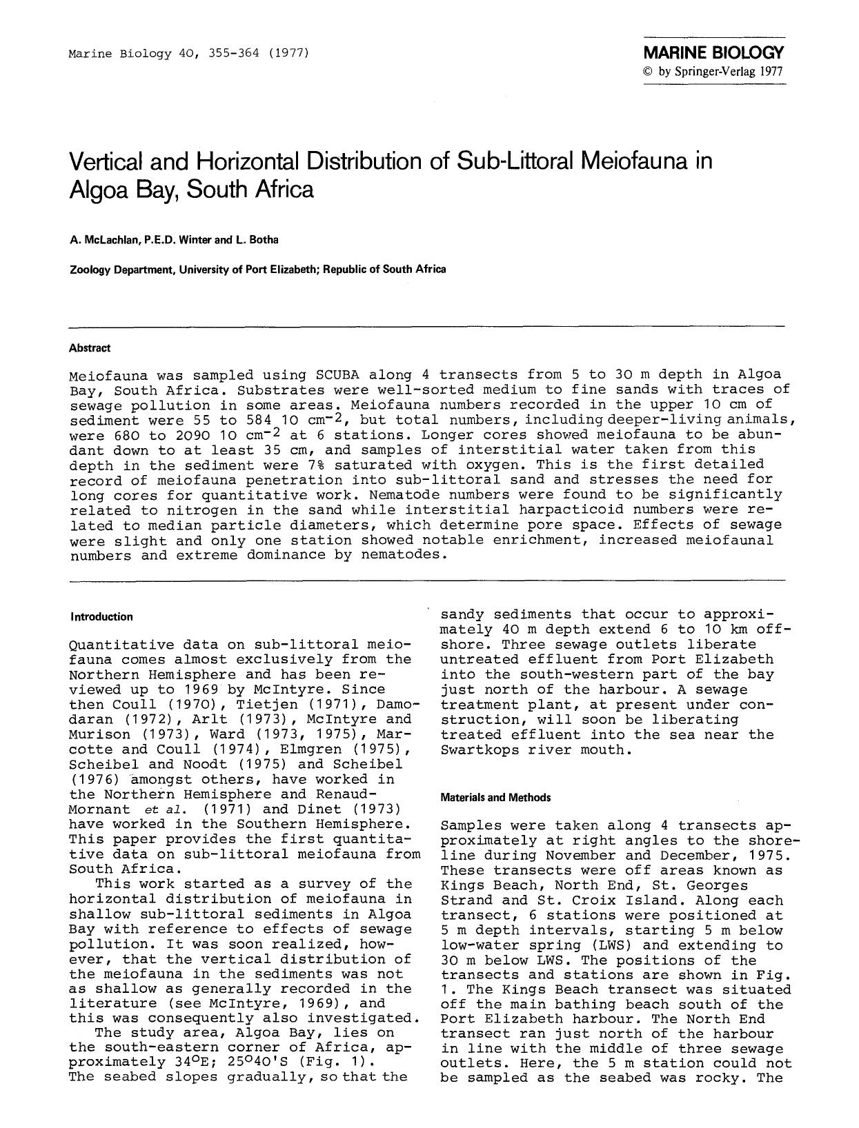 Vertical and horizontal distribution of sub-littoral meiofauna in Algoa Bay, South Africa by Unknown