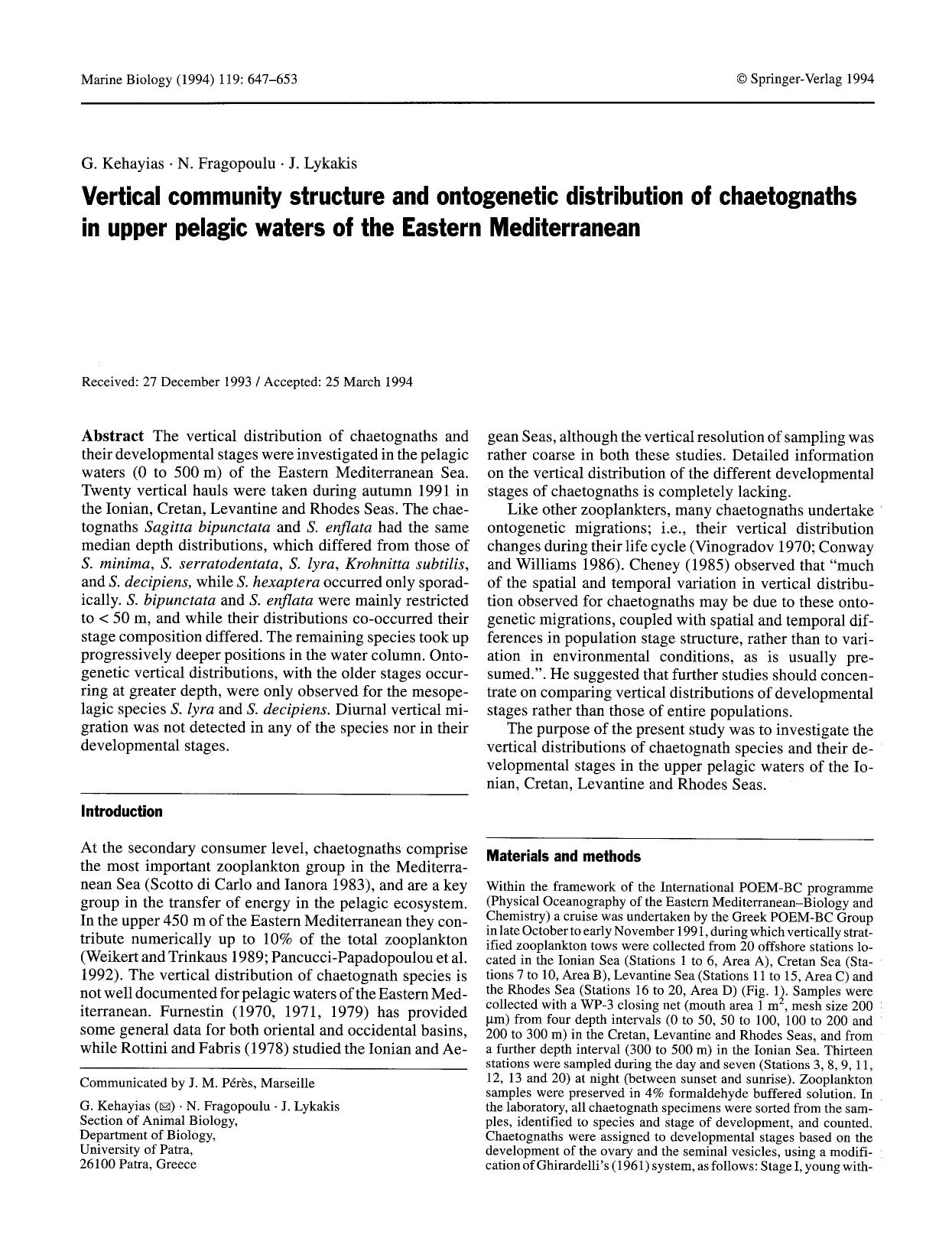 Vertical community structure and ontogenetic distribution of chaetognaths in upper pelagic waters of the Eastern Mediterranean by Unknown
