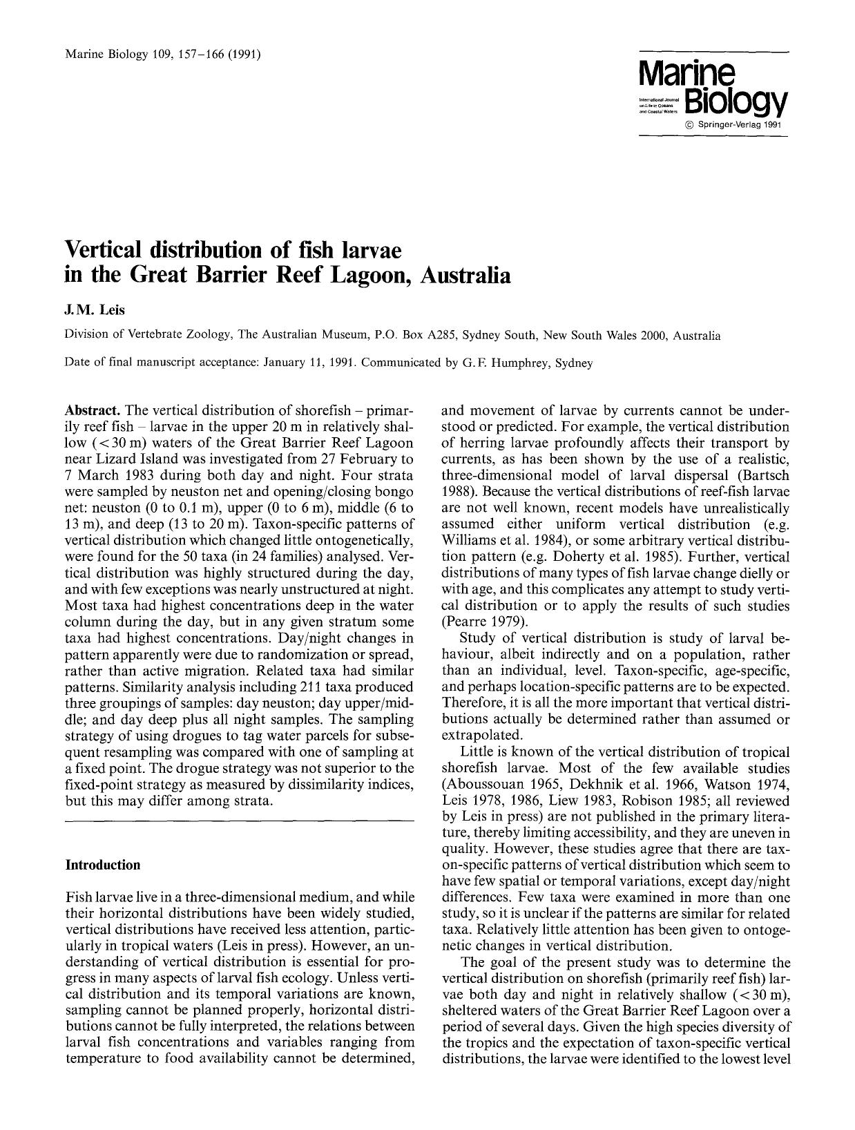 Vertical distribution of fish larvae in the Great Barrier Reef Lagoon, Australia by Unknown
