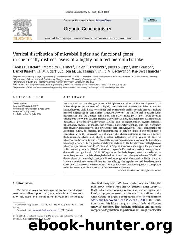 Vertical distribution of microbial lipids and functional genes in chemically distinct layers of a highly polluted meromictic lake by unknow