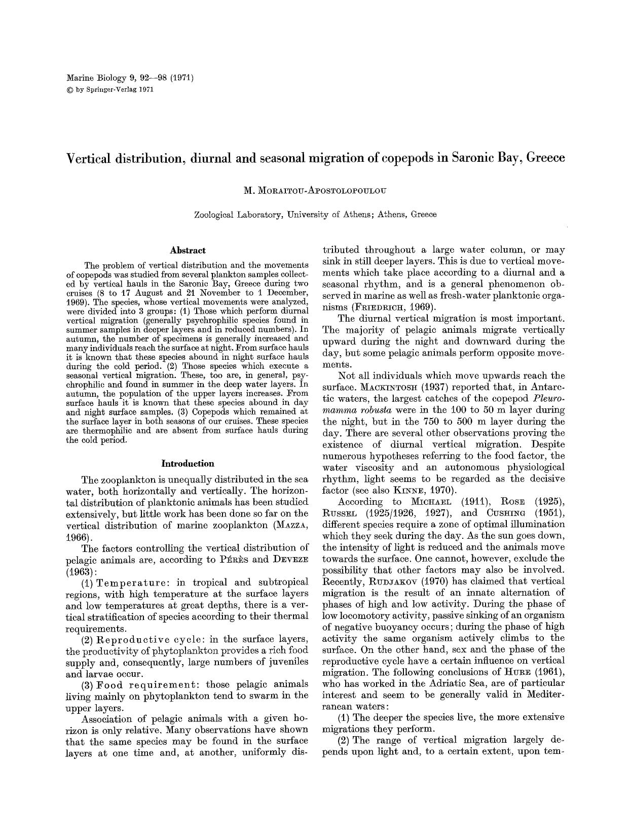 Vertical distribution, diurnal and seasonal migration of copepods in Saronic Bay, Greece by Unknown