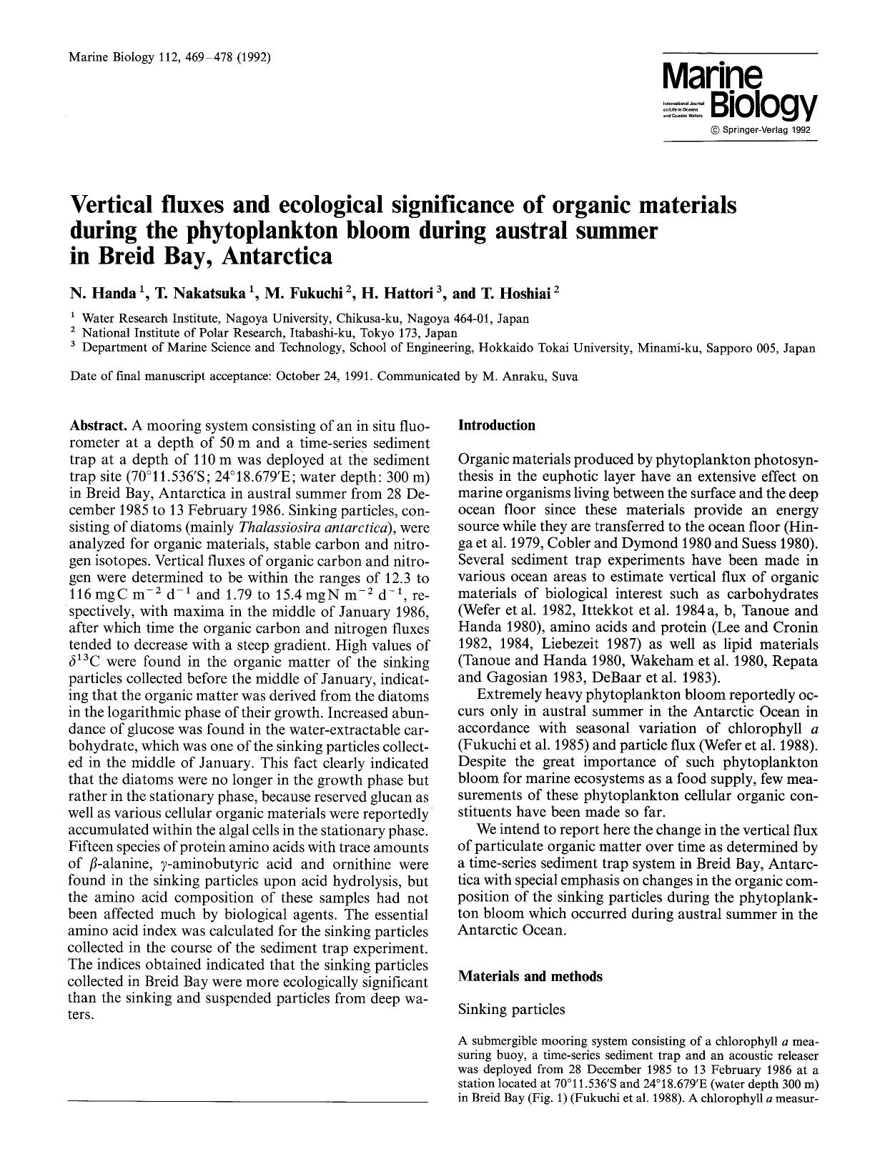 Vertical fluxes and ecological significance of organic materials during the phytoplankton bloom during austral summer in Breid Bay, Antarctica by Unknown