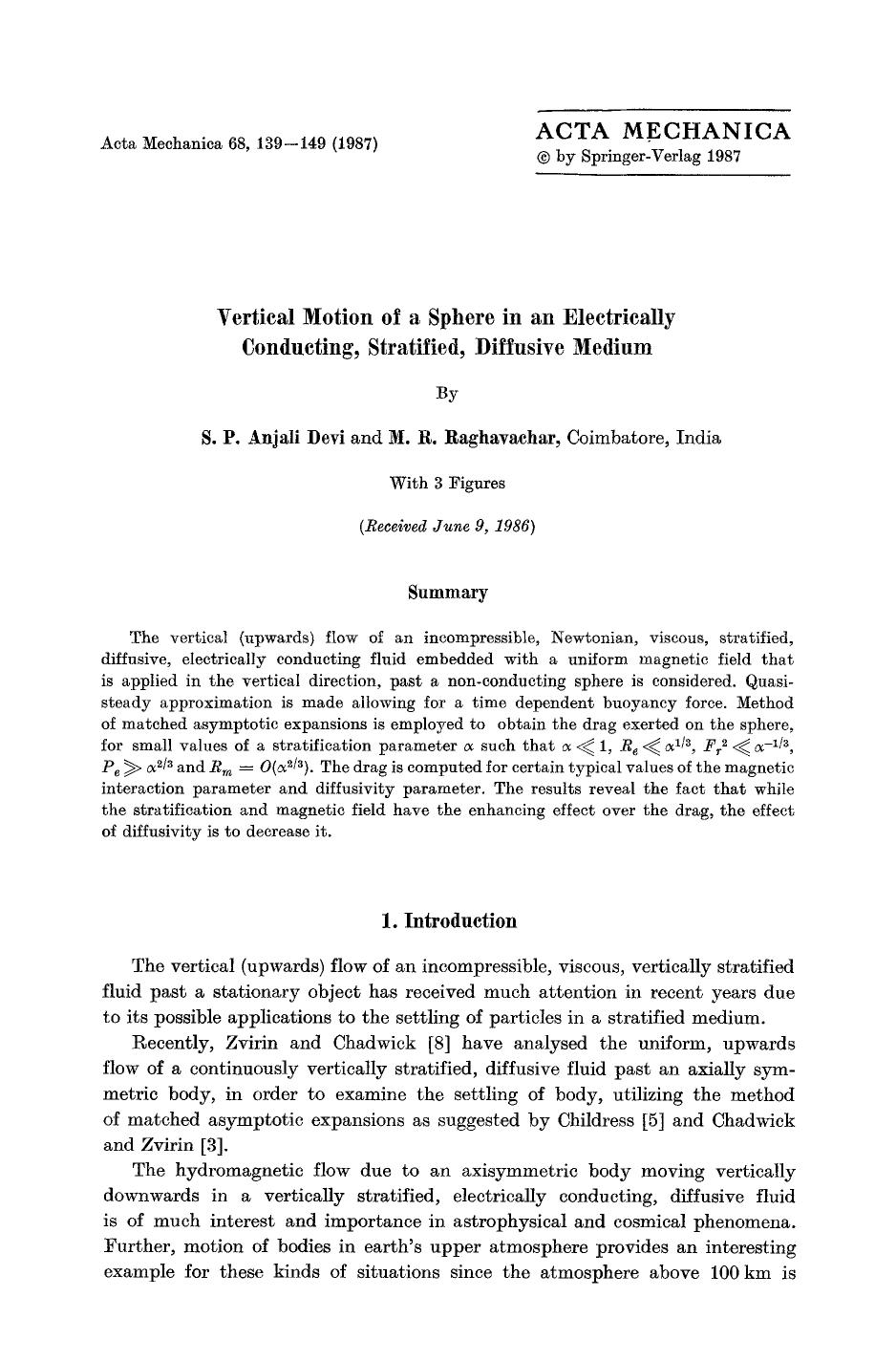 Vertical motion of a sphere in an electrically conducting, stratified, diffusive medium by Unknown
