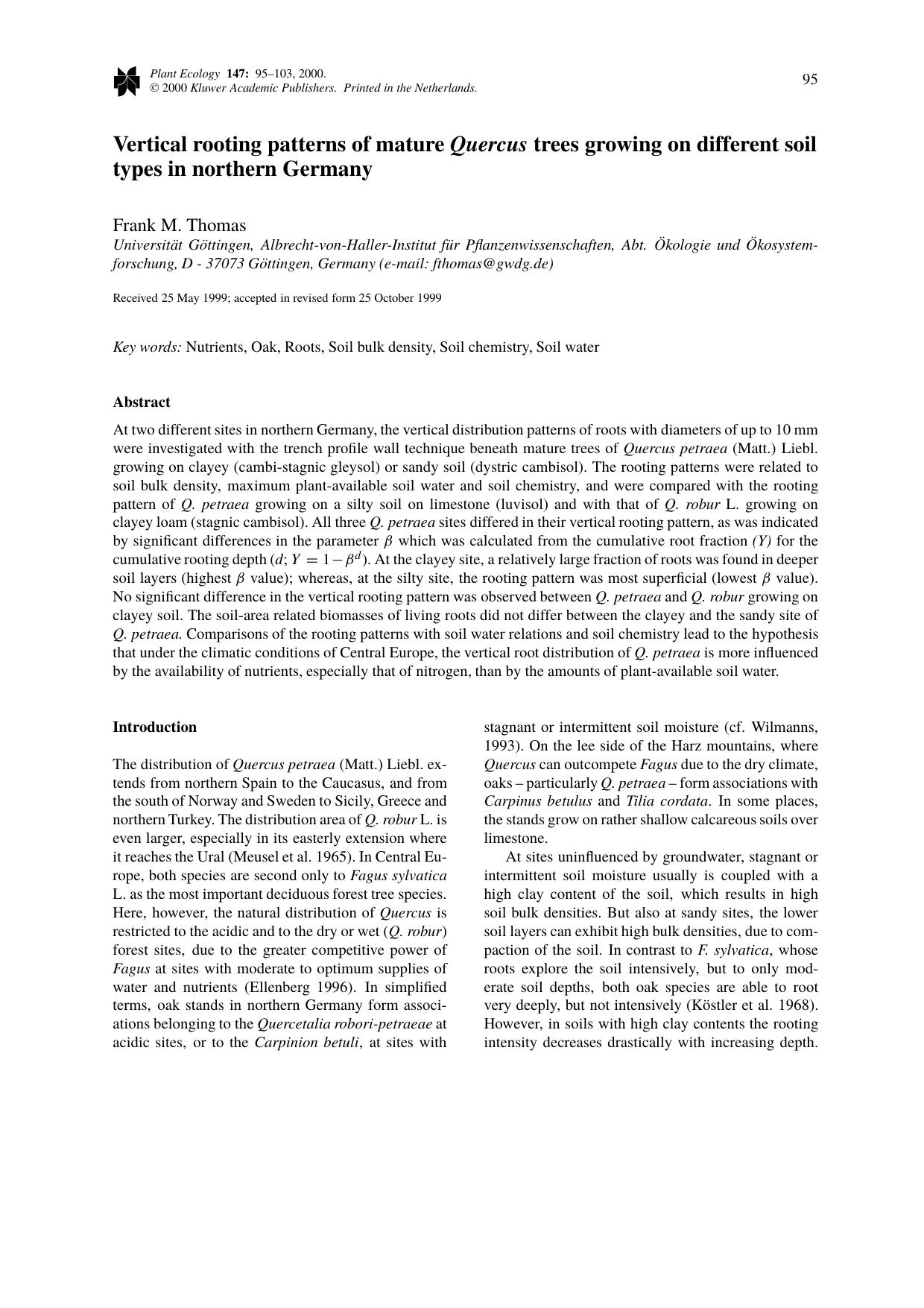 Vertical rooting patterns of mature Quercus trees growing on different soil types in northern Germany by Unknown