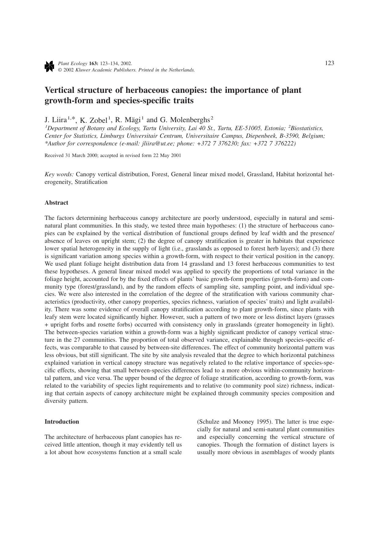 Vertical structure of herbaceous canopies: the importance of plant growth-form and species-specific traits by Unknown