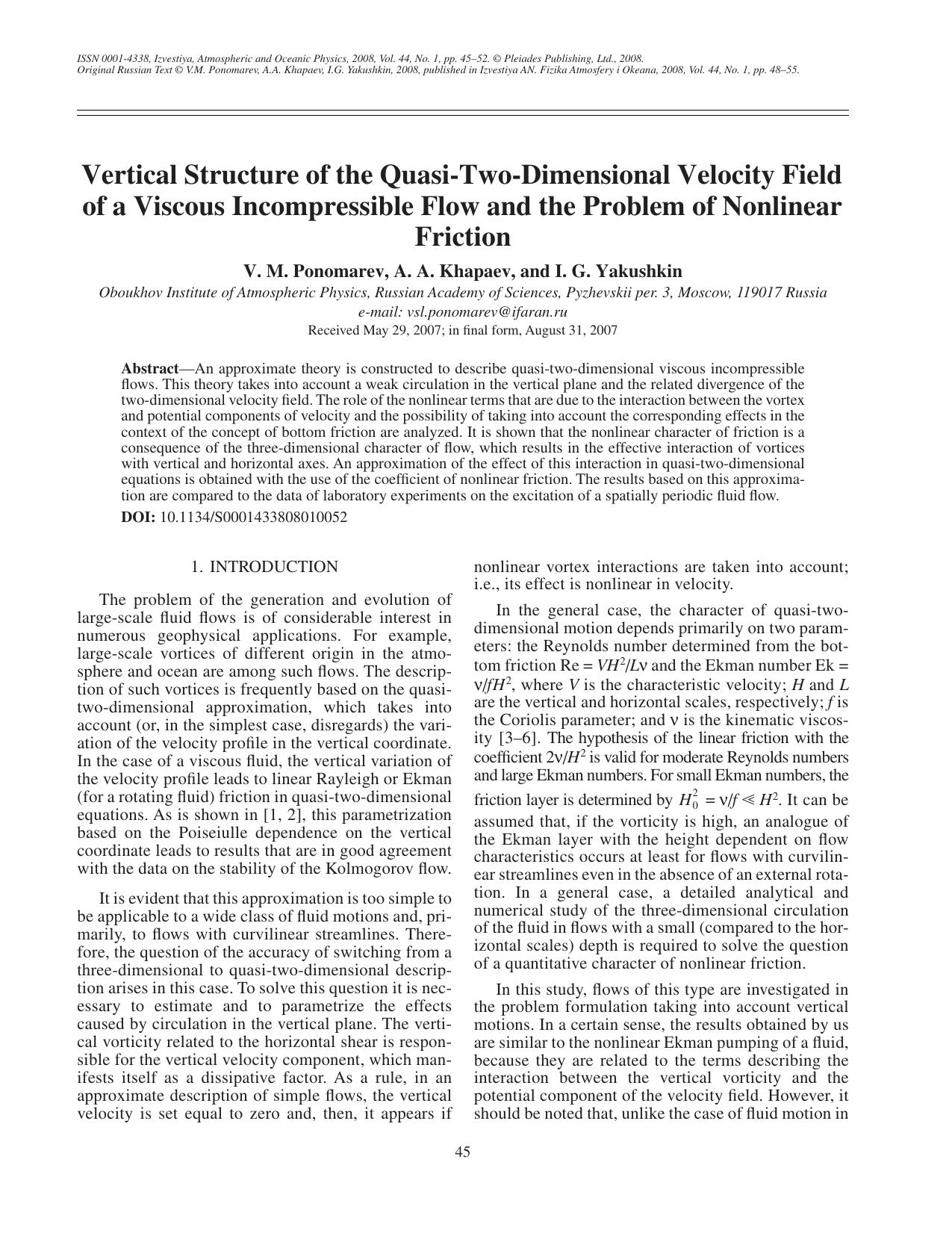Vertical structure of the quasi-two-dimensional velocity field of a viscous incompressible flow and the problem of nonlinear friction by Unknown