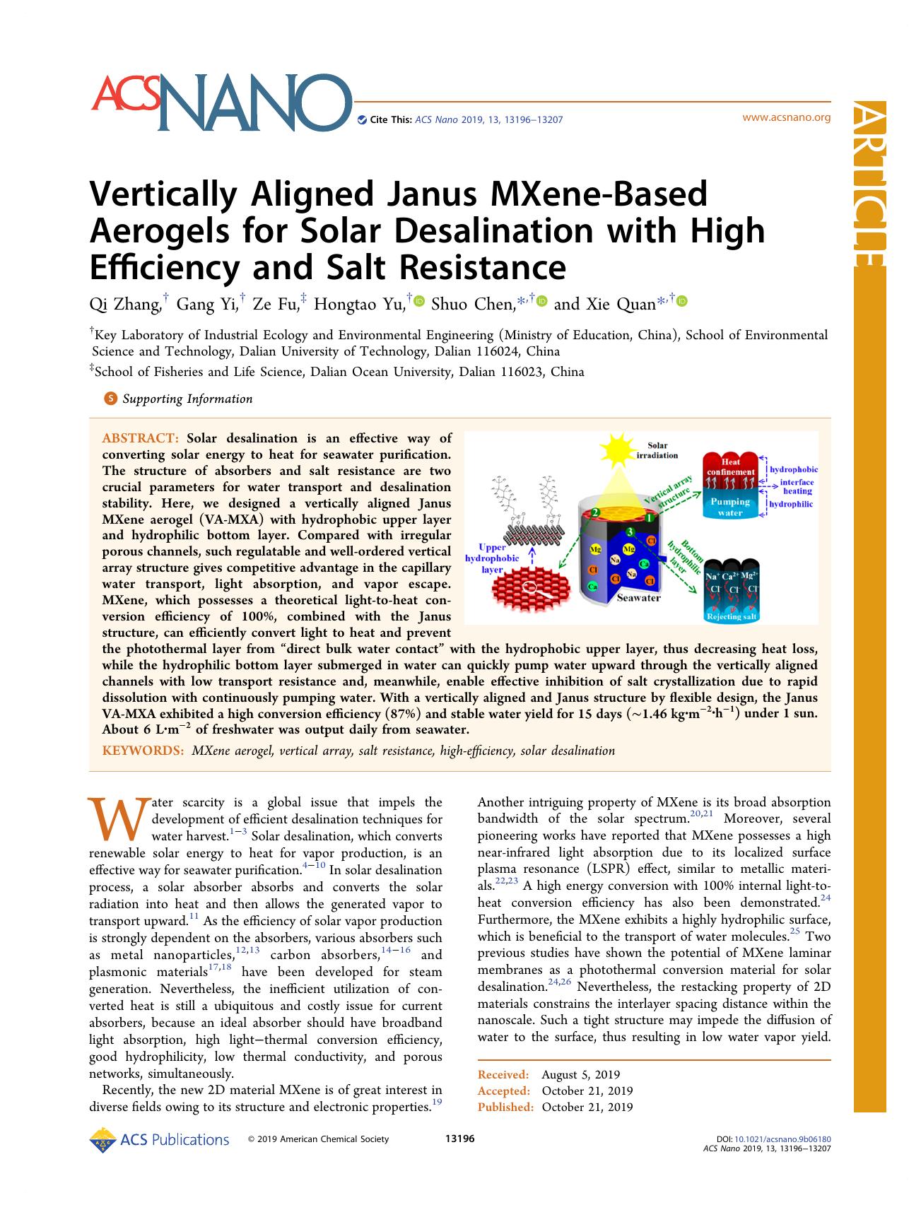 Vertically Aligned Janus MXene-Based Aerogels for Solar Desalination with High Efficiency and Salt Resistance by Qi Zhang Gang Yi Ze Fu Hongtao Yu Shuo Chen and Xie Quan