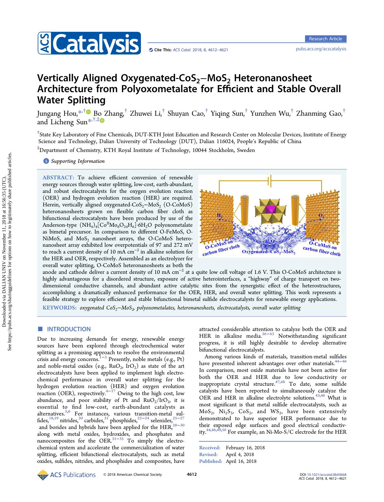Vertically Aligned Oxygenated-CoS2âMoS2 Heteronanosheet Architecture from Polyoxometalate for Efficient and Stable Overall Water Splitting by unknow
