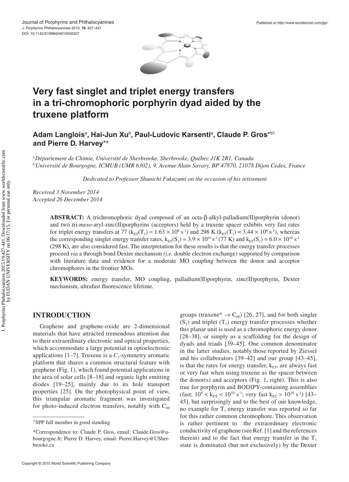 Very fast singlet and triplet energy transfers in a tri-chromophoric porphyrin dyad aided by the truxene platform by Adam Langlois Hai-Jun Xu Paul-Ludovic Karsenti Claude P. Gros & Pierre D. Harvey