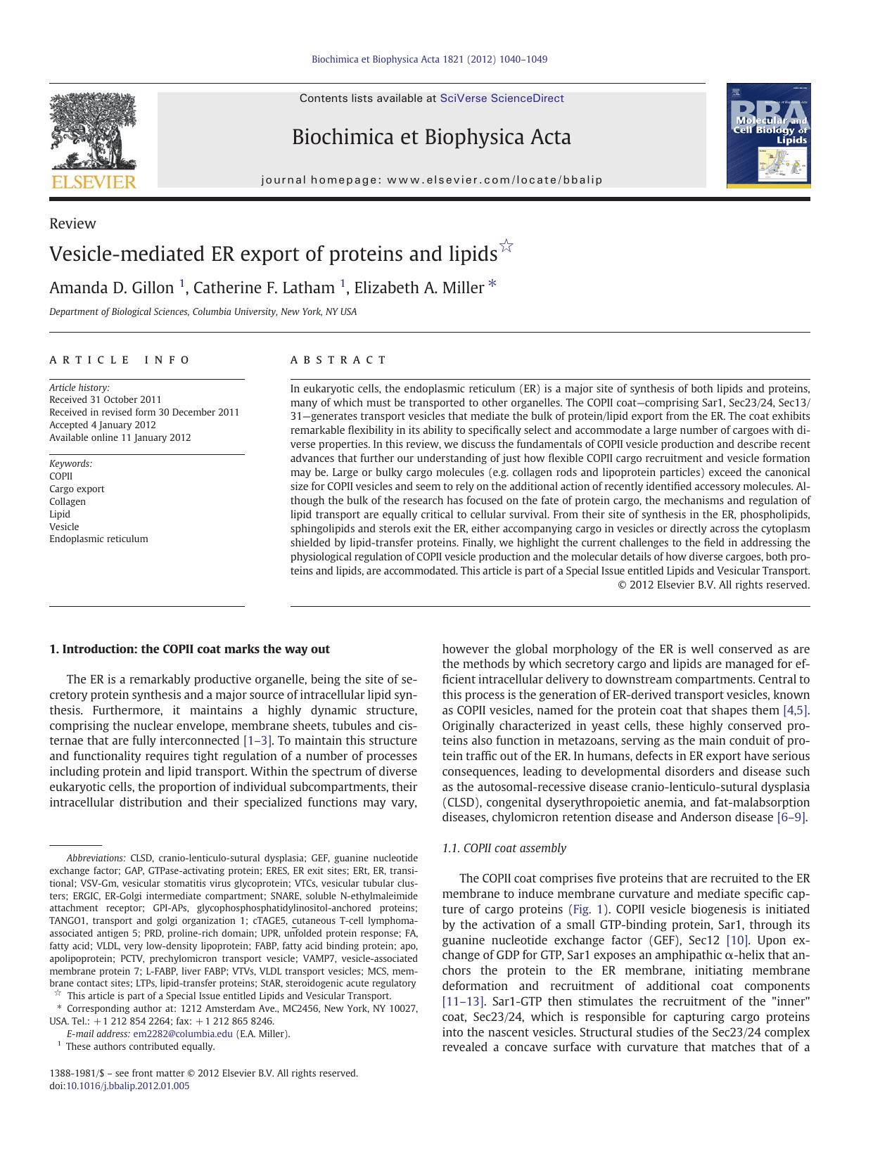 Vesicle-mediated ER export of proteins and lipids by Amanda D. Gillon & Catherine F. Latham & Elizabeth A. Miller