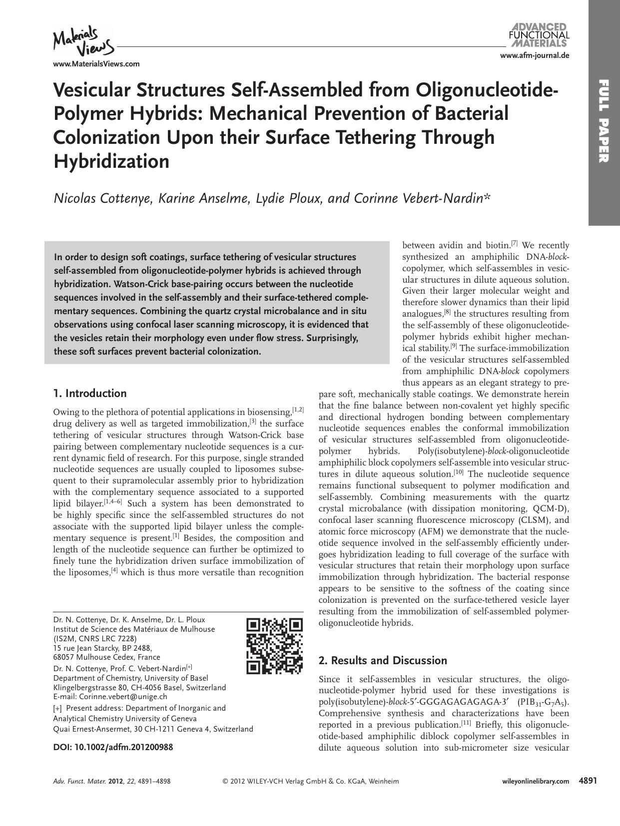 Vesicular Structures SelfAssembled from OligonucleotidePolymer Hybrids: Mechanical Prevention of Bacterial Colonization Upon their Surface Tethering Through Hybridization by vng
