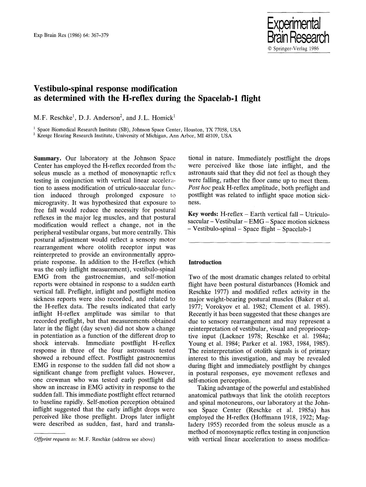 Vestibulo-spinal response modification as determined with the H-reflex during the Spacelab-1 flight by Unknown