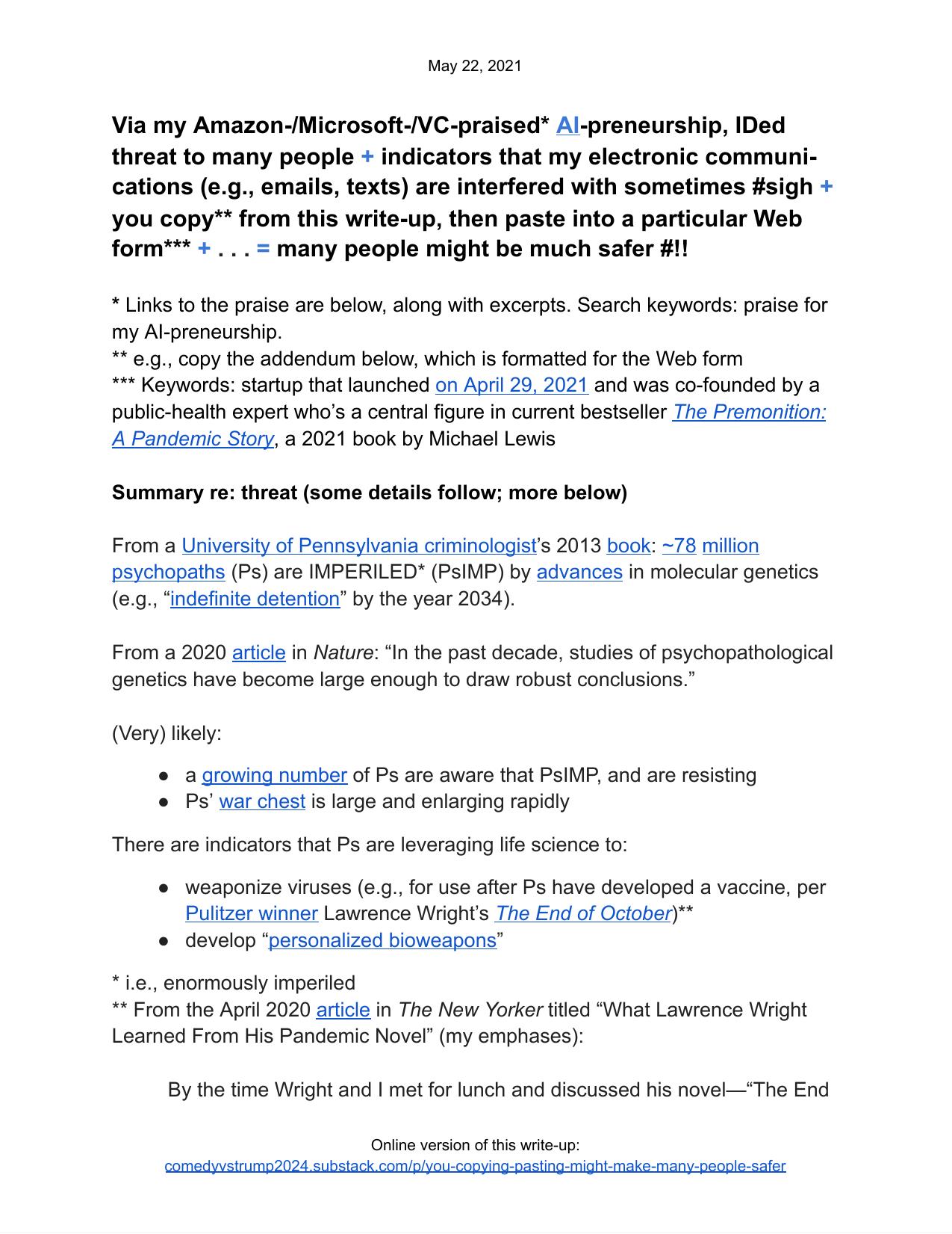 Via my Amazon-/Microsoft-/VC-praised* AI-preneurship, IDed threat to many people + indicators that my electronic communications (e.g., emails, texts) are interfered with sometimes by Frank Ruscica