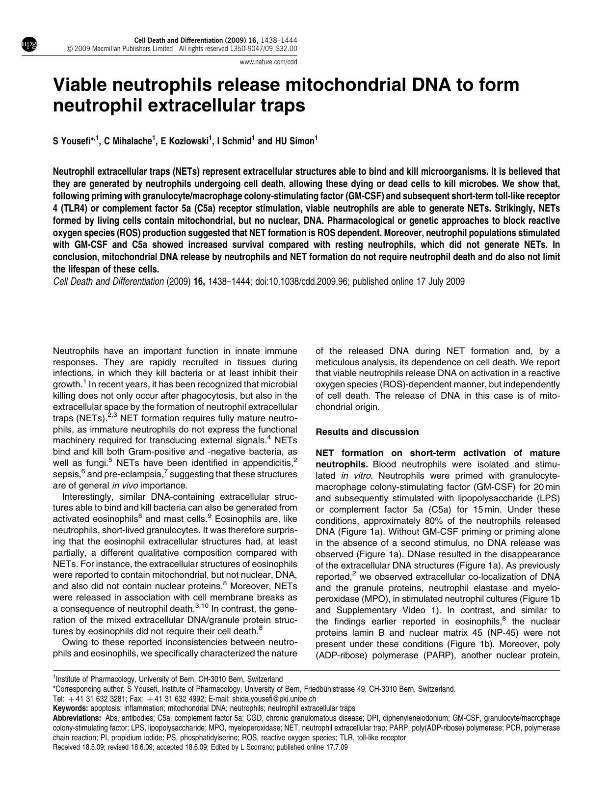 Viable neutrophils release mitochondrial DNA to form neutrophil extracellular traps by S Yousefi & C Mihalache & E Kozlowski & I Schmid & H U Simon