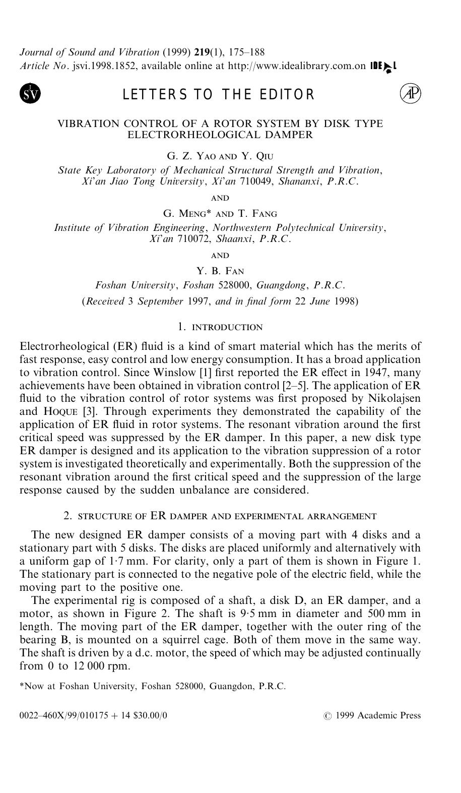 Vibration Control of a Rotor System by Disk type Electrorheological Damper by Yao G. Z. et al