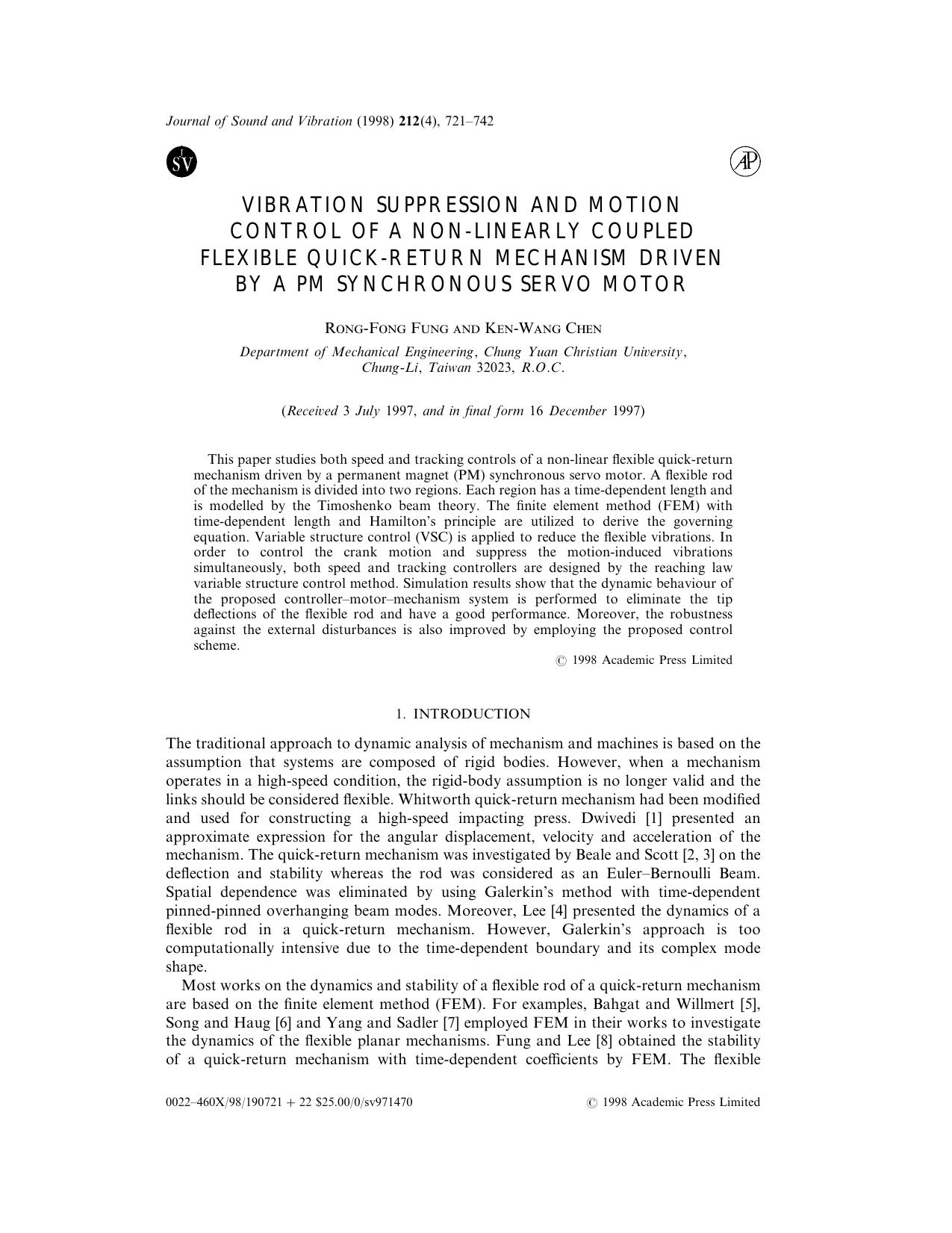 Vibration Suppression and Motion Control of a Non-Linearly Coupled Flexible Quick-Return Mechanism Driven by a PM Synchronous Servo Motor by Fung R-F. & Chen K-W