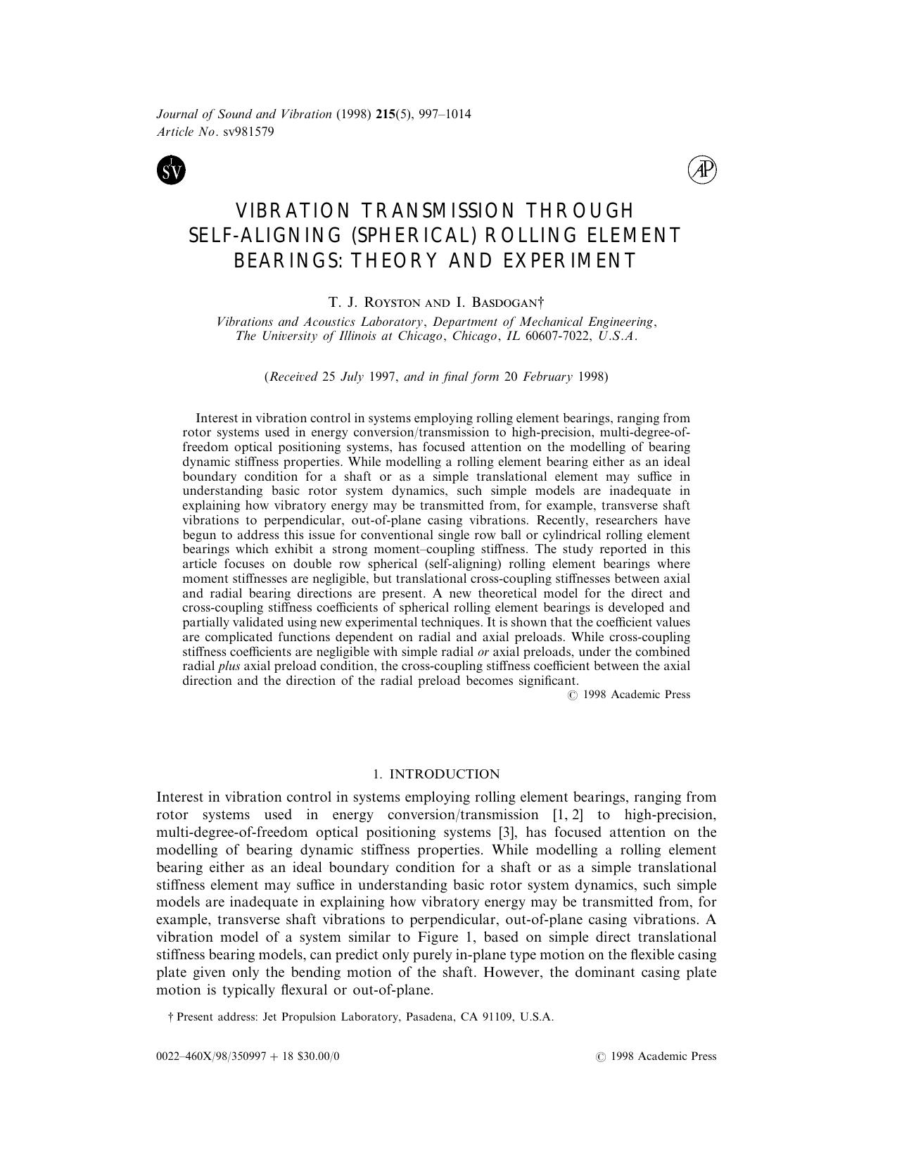 Vibration Transmission Through Self-Aligning (Spherical) Rolling Element Bearings: Theory and Experiment by Royston T. J. & Basdogan I