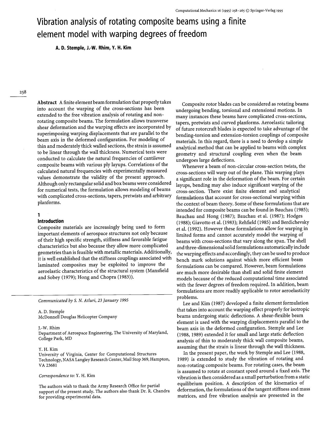 Vibration analysis of rotating composite beams using a finite element model with warping degrees of freedom by Unknown
