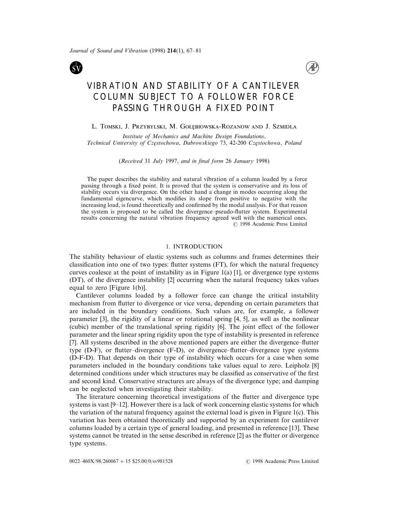 Vibration and Stability of a Cantilever Column Subject to a Follower Force Passing Through a Fixed Point by Tomski L. et al