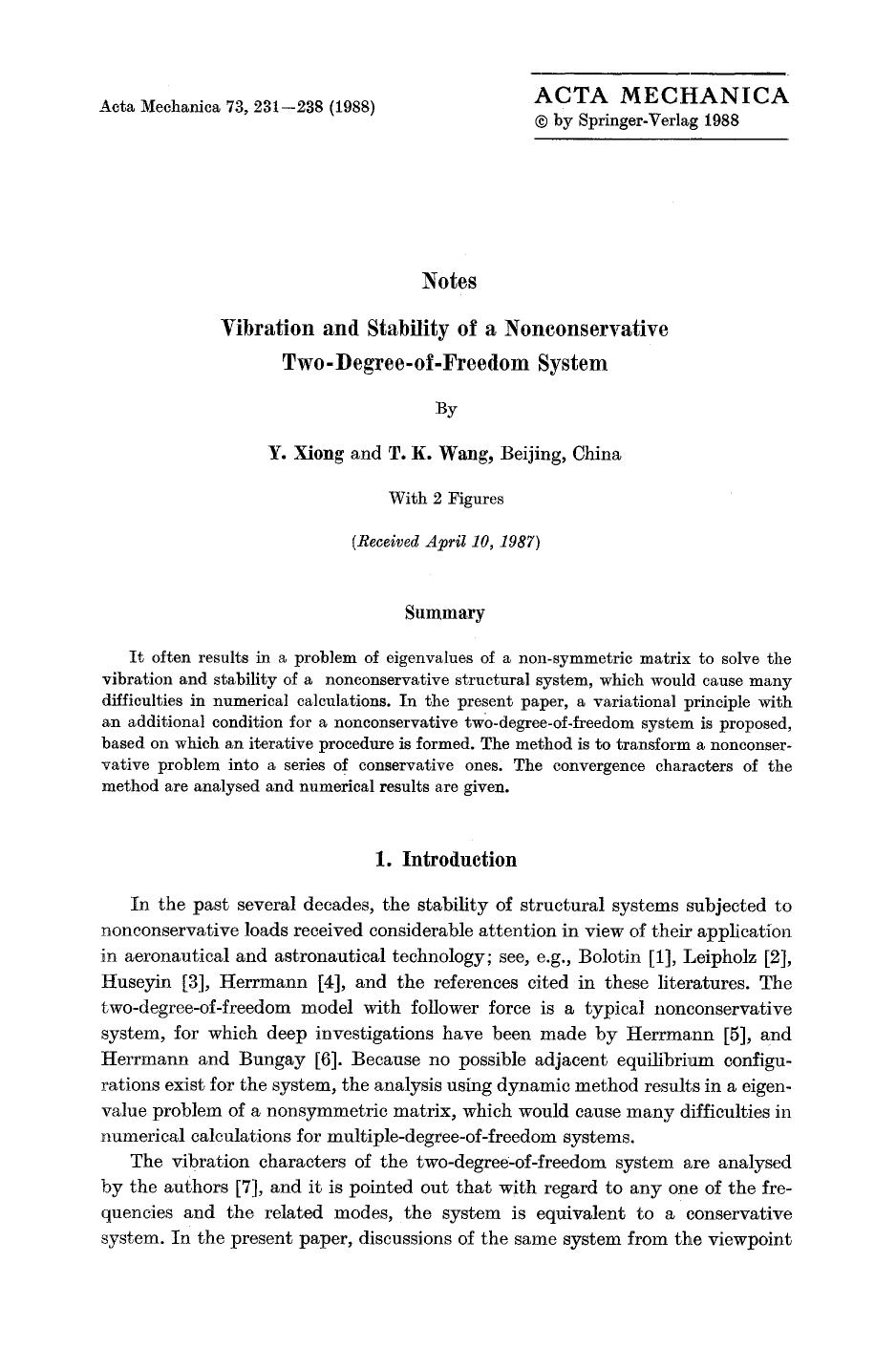Vibration and stability of a nonconservative two-degree-of-freedom system by Unknown