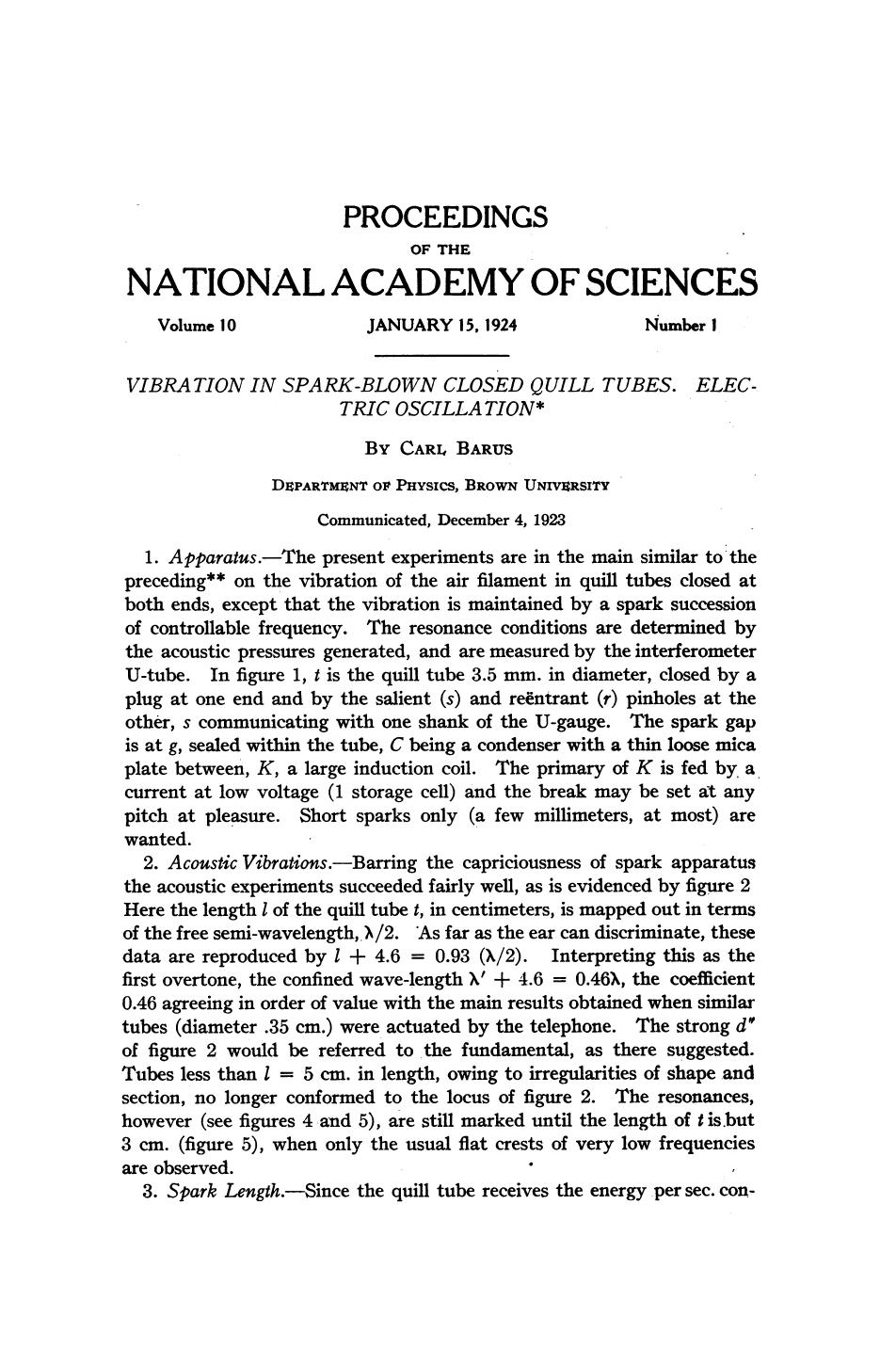 Vibration in Spark-Blown Closed Quill Tubes Electric Oscillation by Barus C