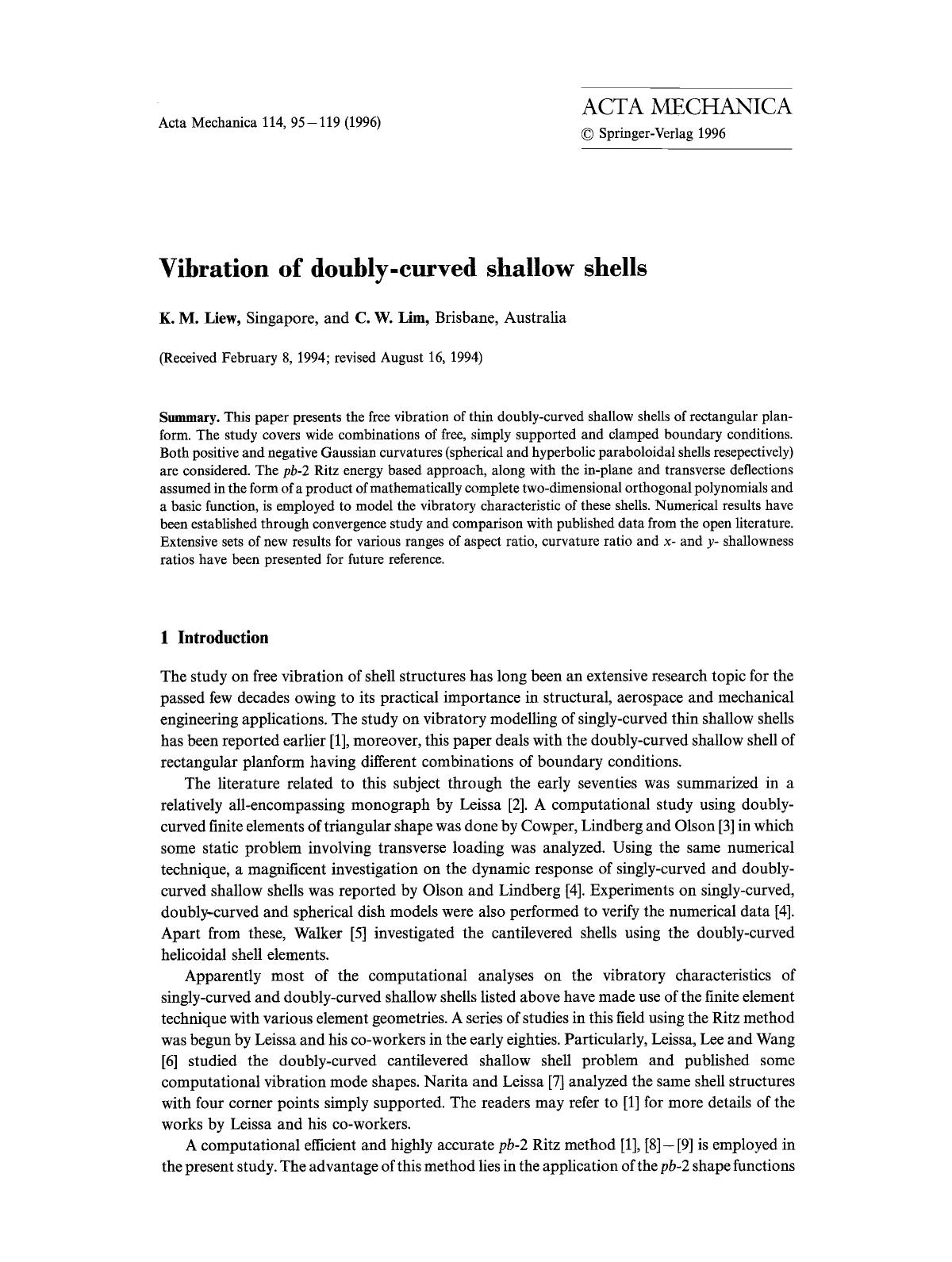 Vibration of doubly-curved shallow shells by Unknown