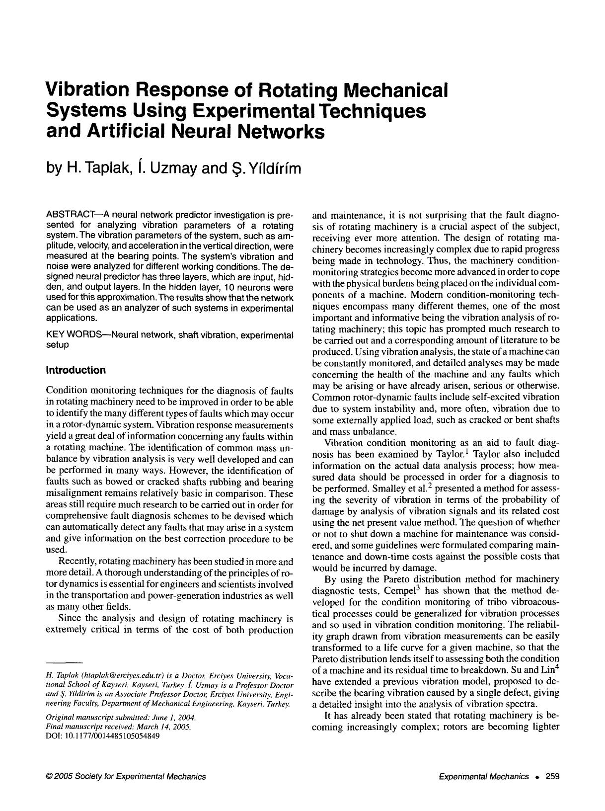 Vibration response of rotating mechanical systems using experimental techniques and artificial neural networks by Unknown