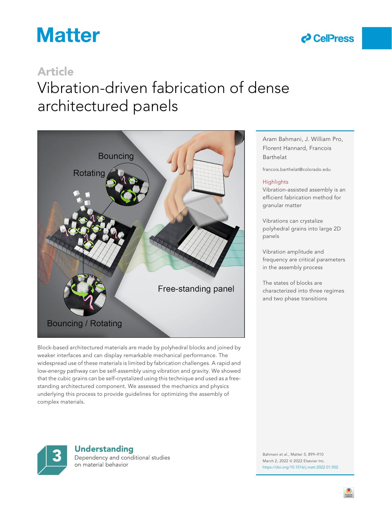 Vibration-driven fabrication of dense architectured panels by Aram Bahmani & J. William Pro & Florent Hannard & Francois Barthelat