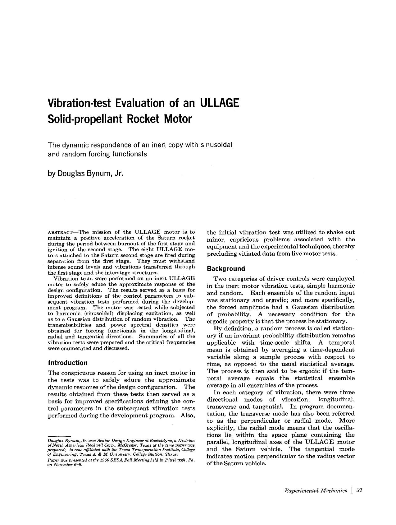Vibration-test evaluation of an ULLAGE solid-propellant rocket motor by Unknown