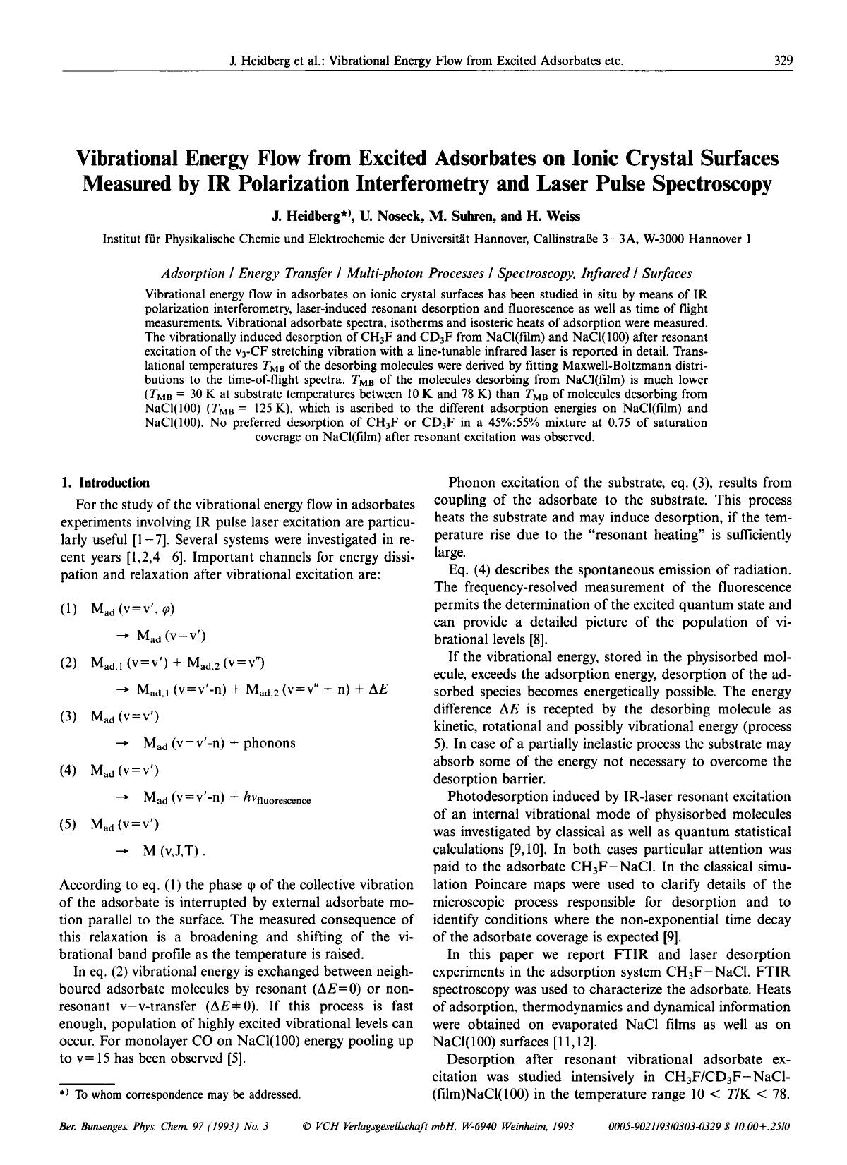 Vibrational Energy Flow from Excited Adsorbates on Ionic Crystal Surfaces Measured by IR Polarization Interferometry and Laser Pulse Spectroscopy by Unknown