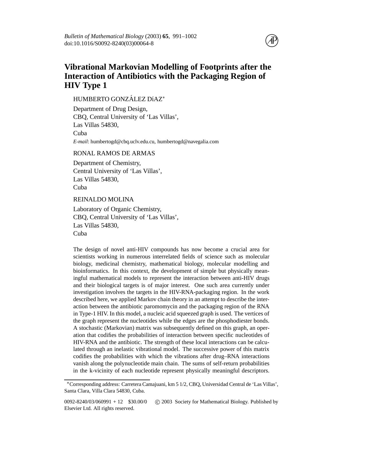 Vibrational Markovian modelling of footprints after the interaction of antibiotics with the packaging region of HIV type 1 by Unknown