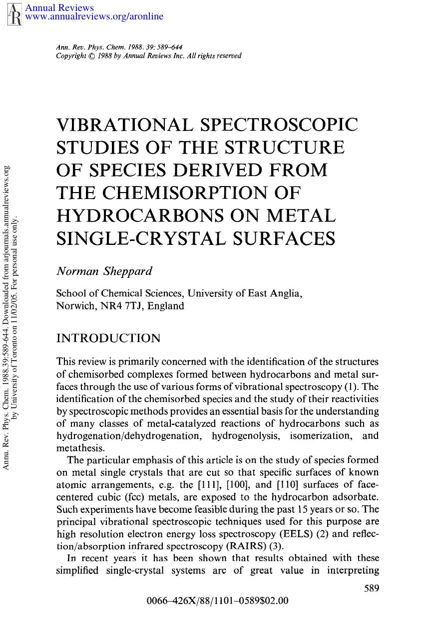 Vibrational Spectroscopic Studies of the Structure of Species Derived From the Chemisorption of Hydrocarbons on Metal Single-Crystal Surfaces by N Sheppard