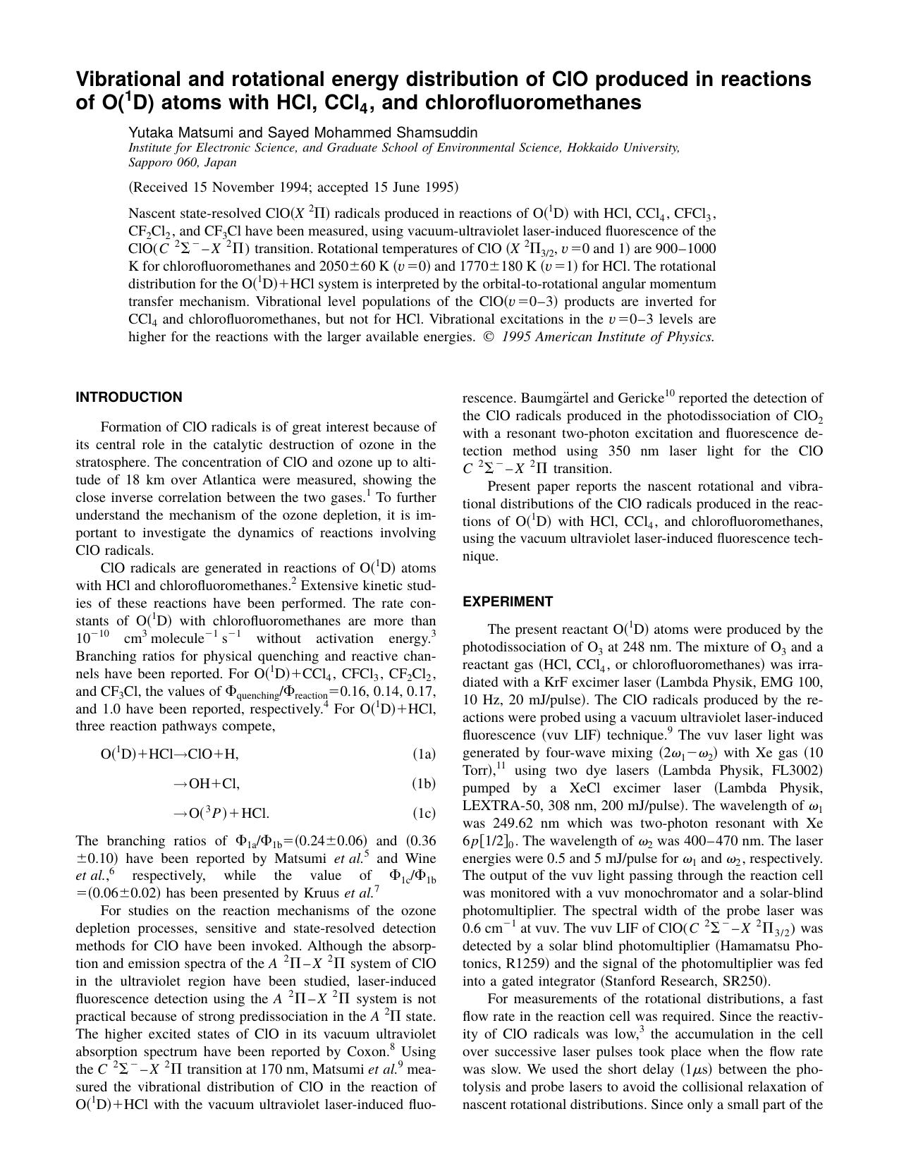 Vibrational and rotational energy distribution of ClO produced in reactions of O[1 D] atoms with HCl, CCl 4 , and chlorofluoromethanes by Yutaka Matsumi and Sayed Mohammed Shamsuddin