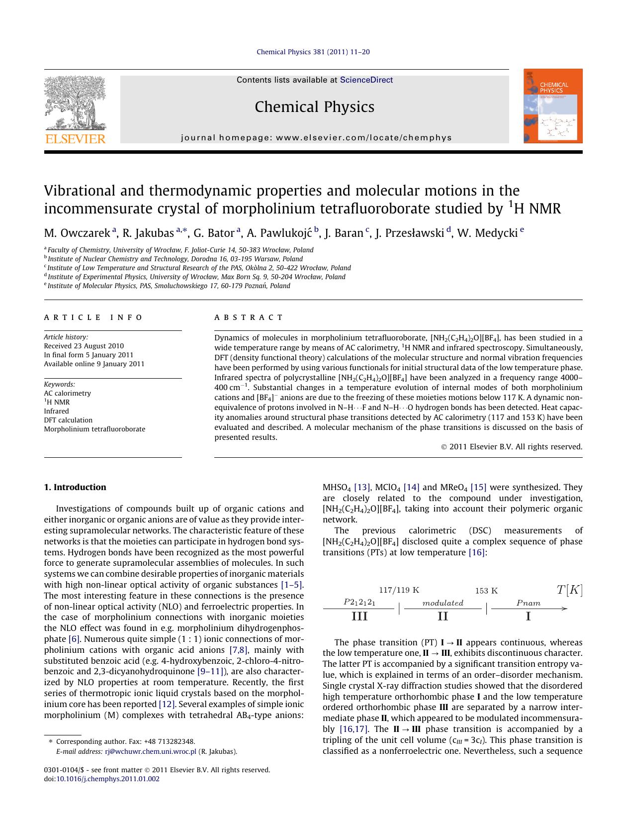 Vibrational and thermodynamic properties and molecular motions in the incommensurate crystal of morpholinium tetrafluoroborate studied by 1H NMR by M. Owczarek & R. Jakubas & G. Bator & A. Pawlukojć & J. Baran & J. Przesławski & W. Medycki