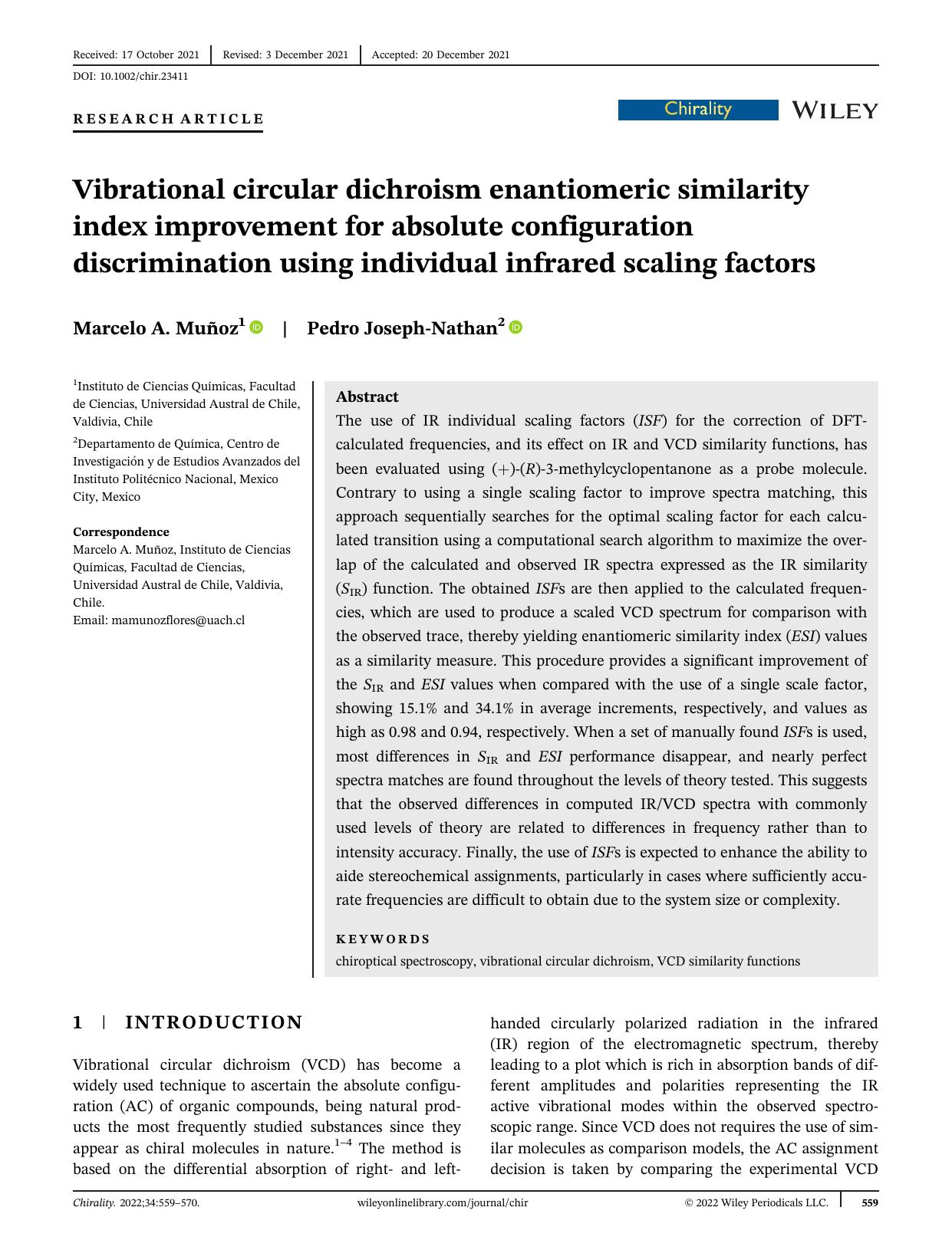 Vibrational circular dichroism enantiomeric similarity index improvement for absolute configuration discrimination using individual infrared scaling factors by Marcelo A. Muñoz & Pedro Joseph‐Nathan