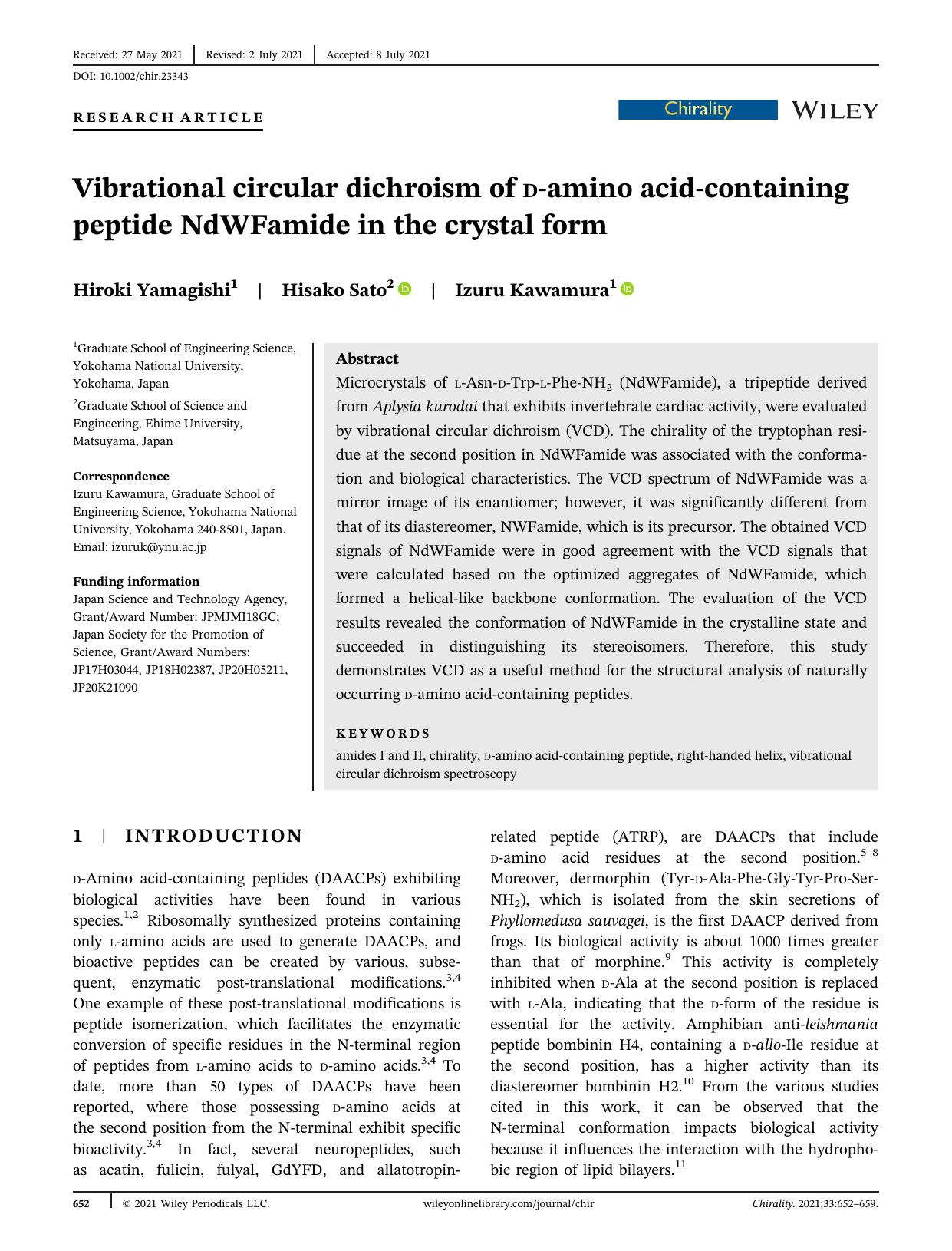 Vibrational circular dichroism of dâamino acidâcontaining peptide NdWFamide in the crystal form by Hiroki Yamagishi Hisako Sato Izuru Kawamura
