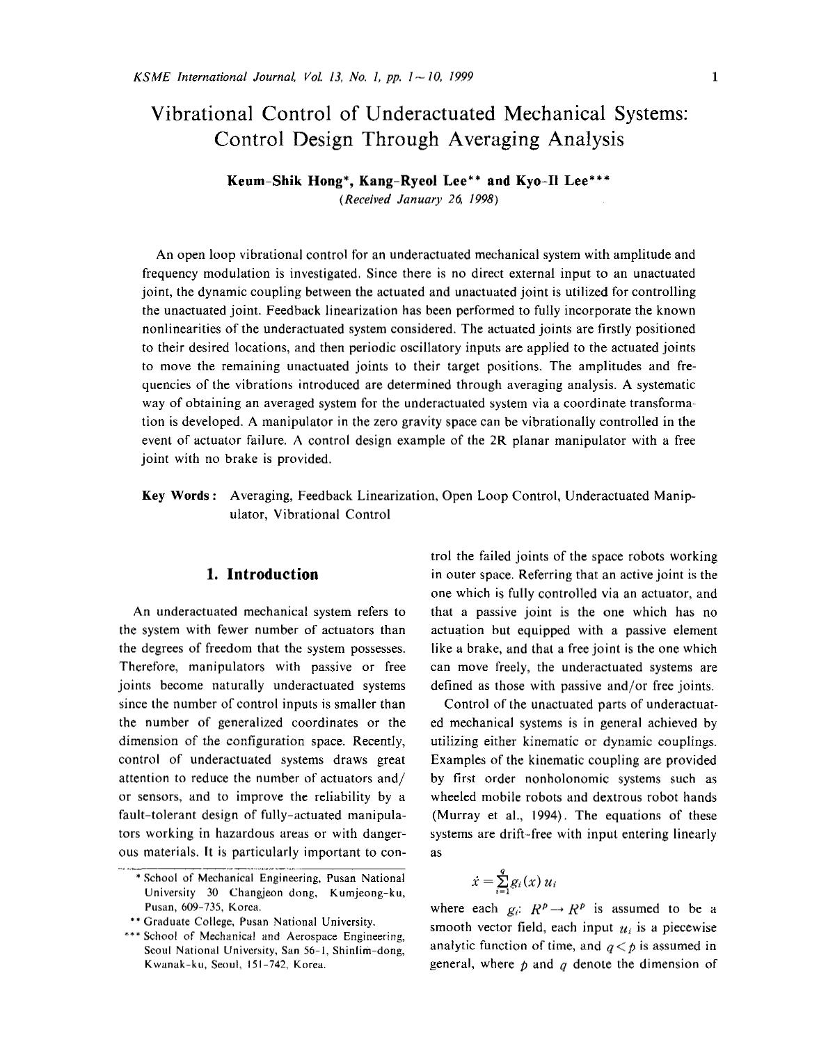 Vibrational control of underactuated mechanical systems control design through averaging analysis by Unknown